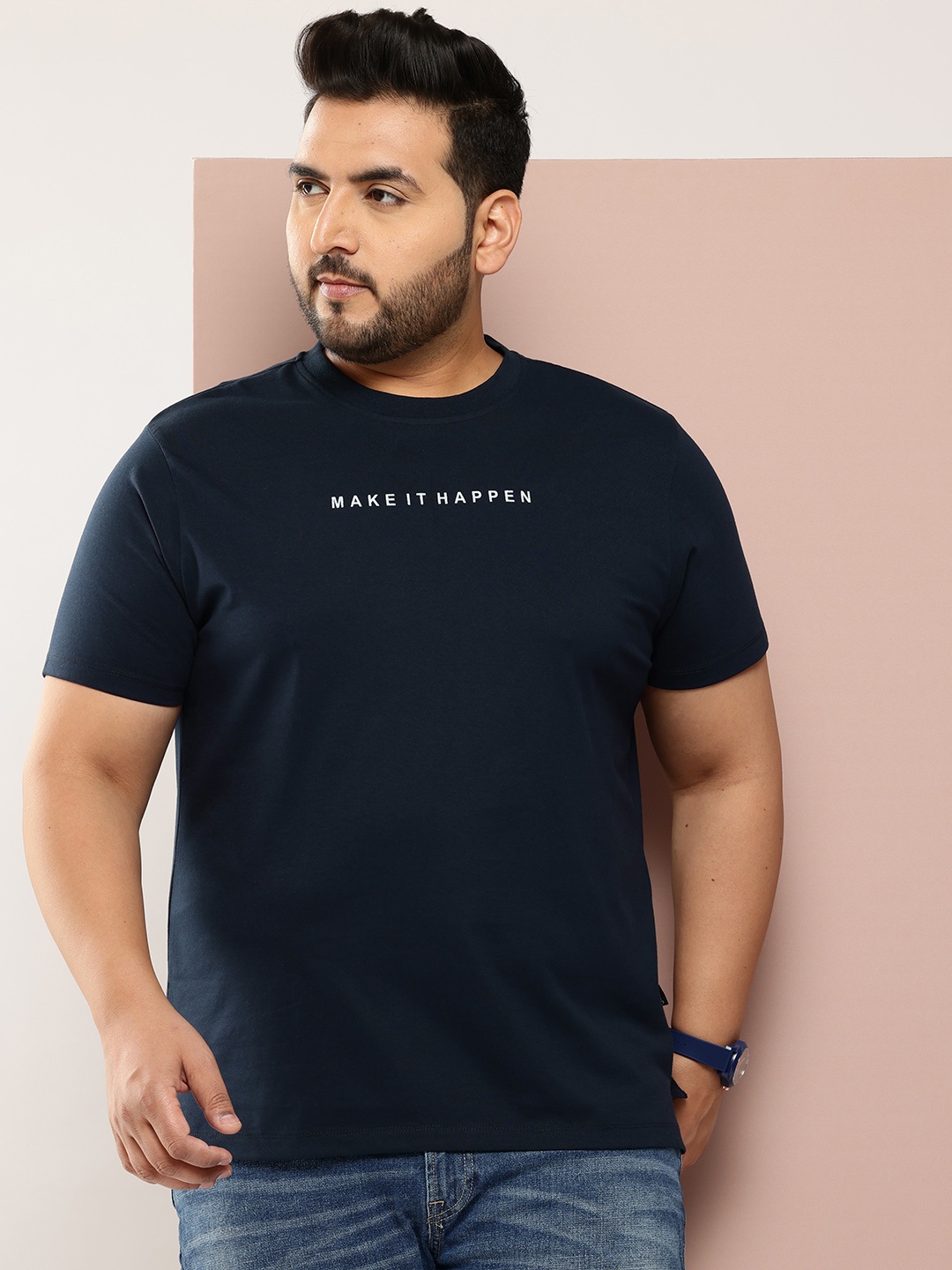 

Sztori Men Plus Size Pure Cotton Bio Finish T-shirt, Navy blue