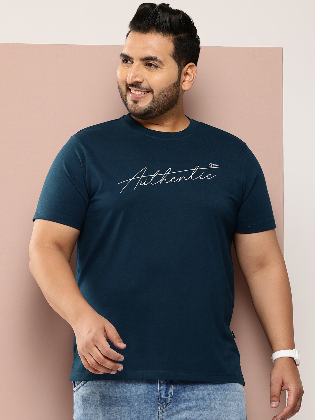 

Sztori Men Plus Size Typography Printed Pure Cotton Bio Finish T-shirt, Navy blue