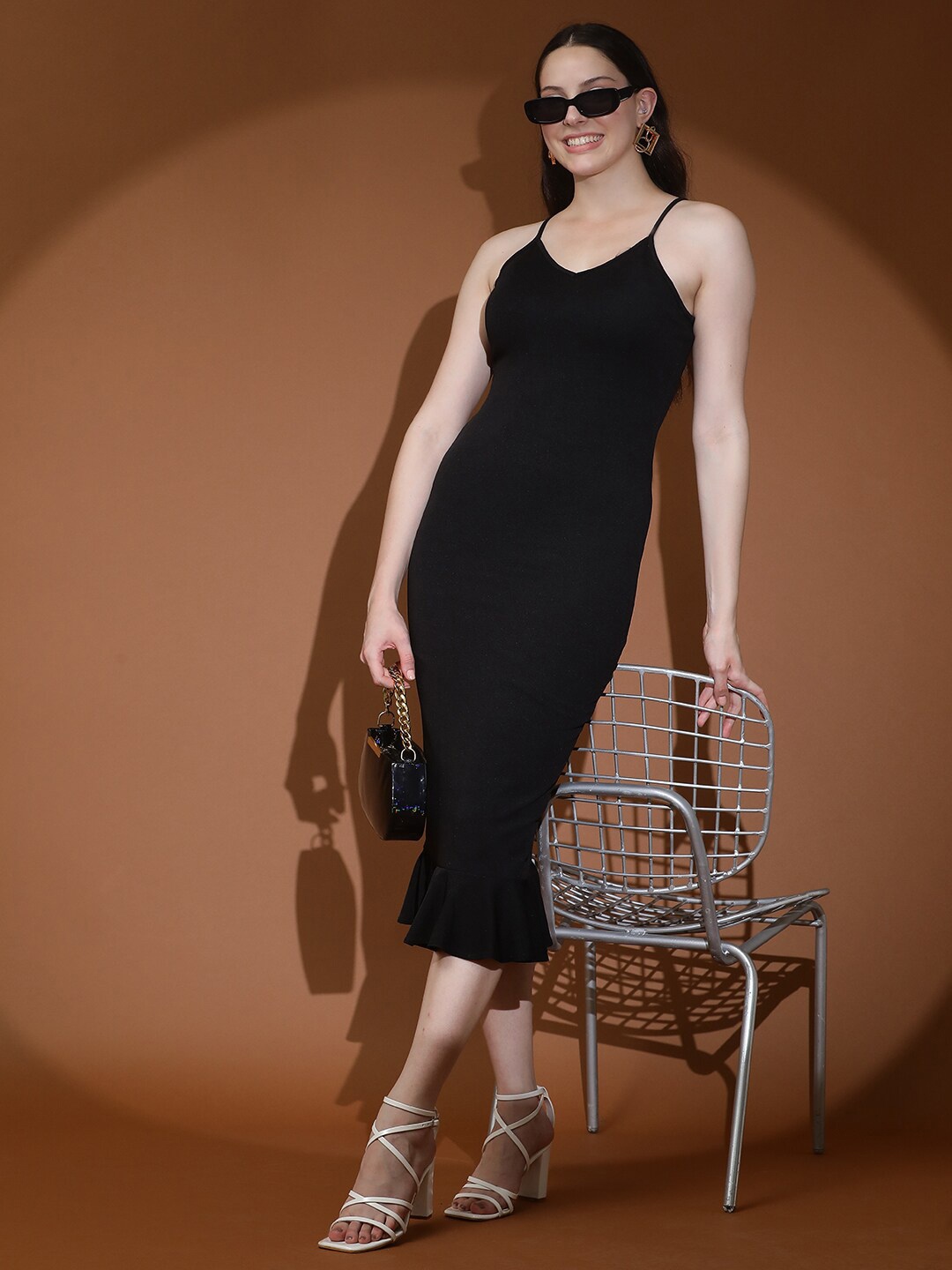 Stylecast X Kotty Black Shoulder Straps Bodycon Midi Dress