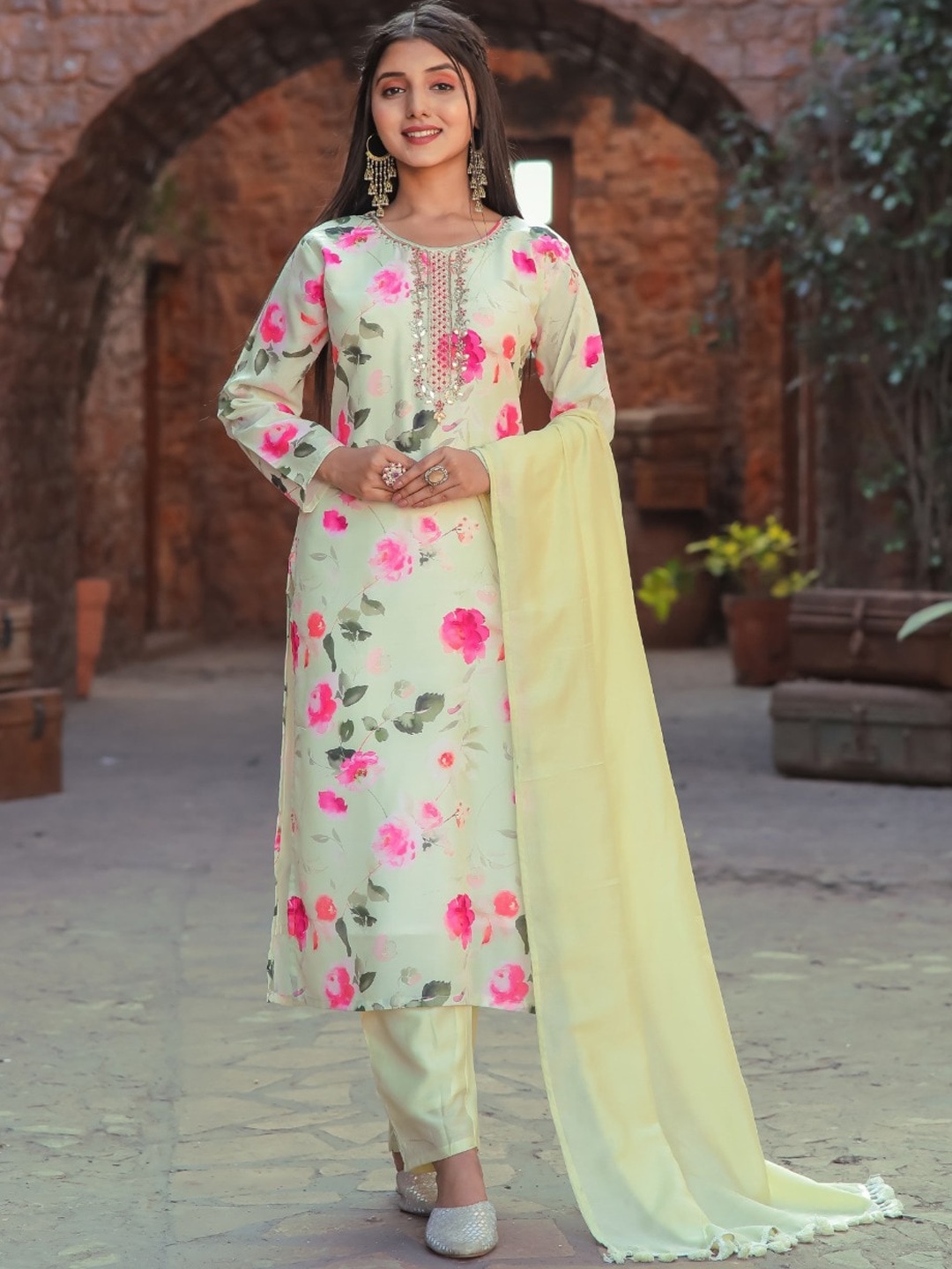 

SWAADHI Floral Printed Embroidered Regular Pure Cotton Kurti with Trouser & Dupatta, Yellow