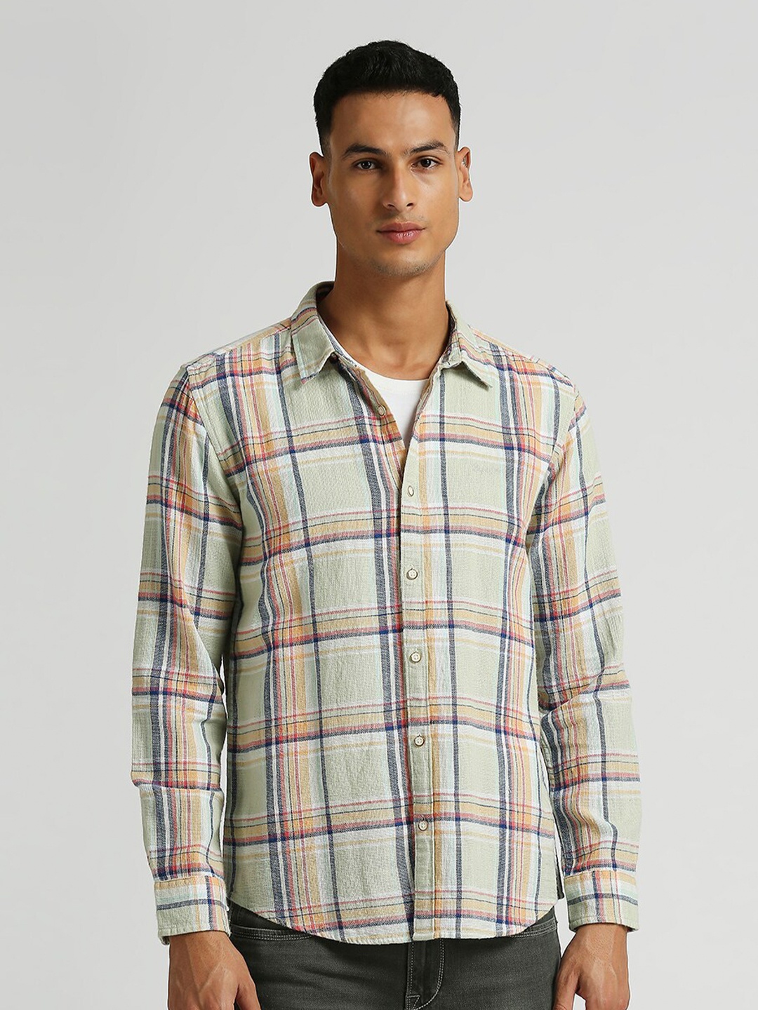 

Pepe Jeans Checked Spread Collar Curved Cotton Casual Shirt, Green