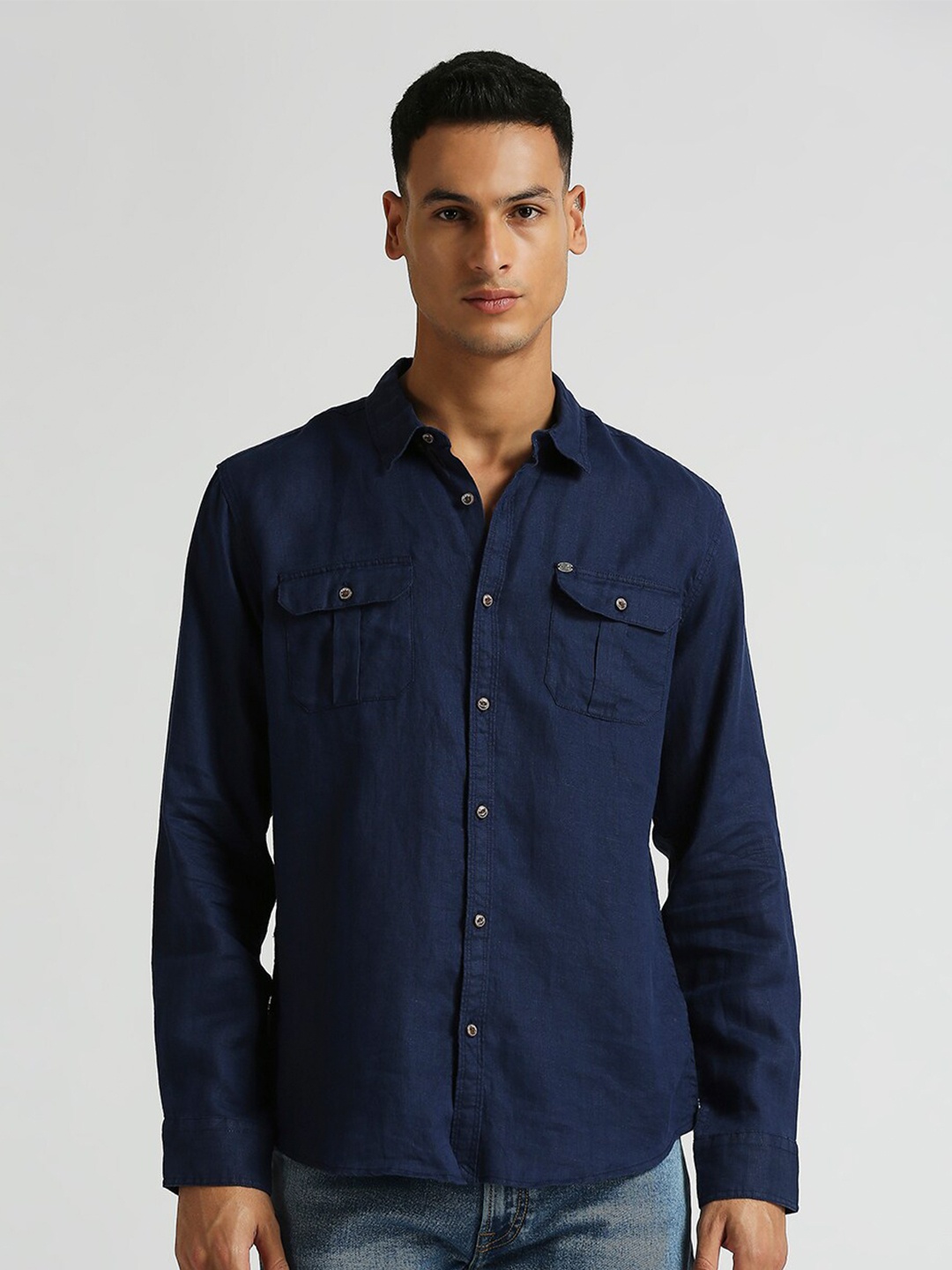 

Pepe Jeans Spread Collar Curved Linen Casual Shirt, Blue