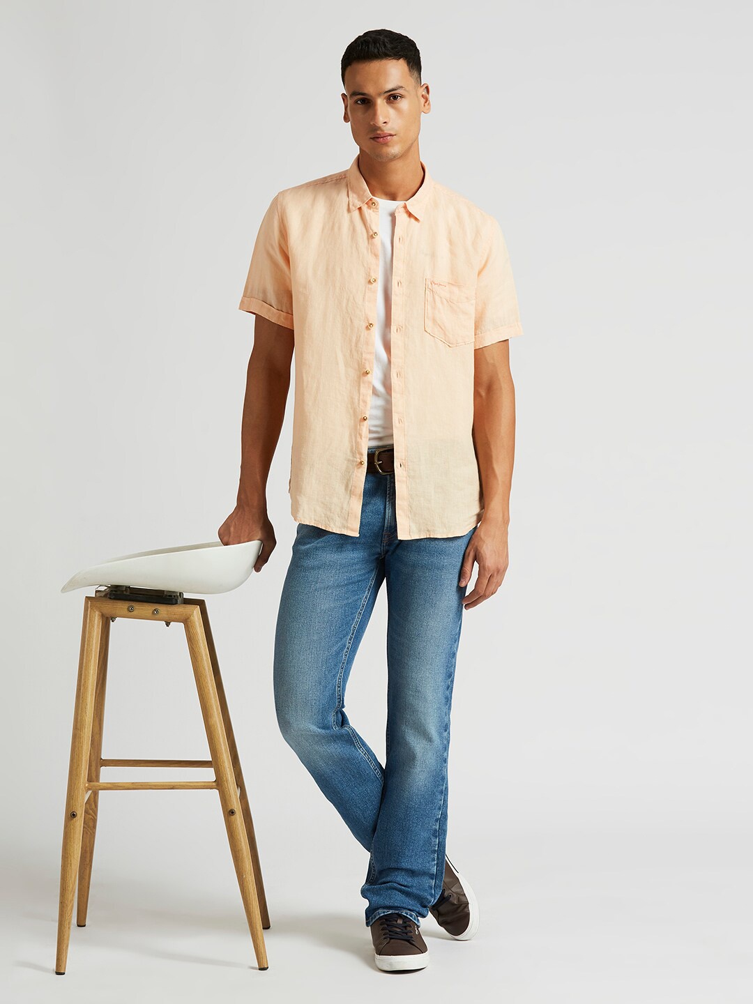 

Pepe Jeans Button-Down Collar Curved Linen Casual Shirt, Orange