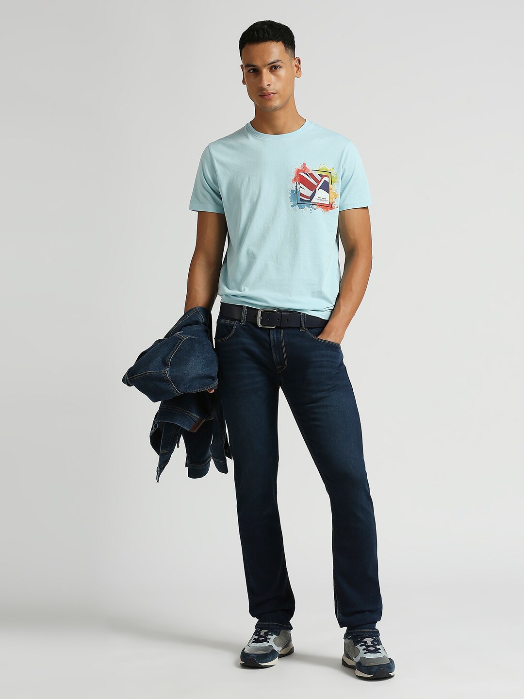

Pepe Jeans Varsity Printed Pure Cotton Round Neck Applique Slim Fit T-shirt, Blue
