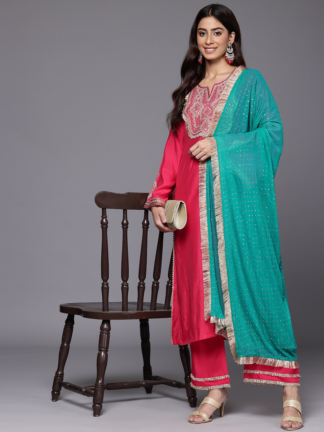 

Varanga Women Ethnic Motifs Embroidered Regular Mirror Work Kurta with Trousers & Dupatta, Fuchsia
