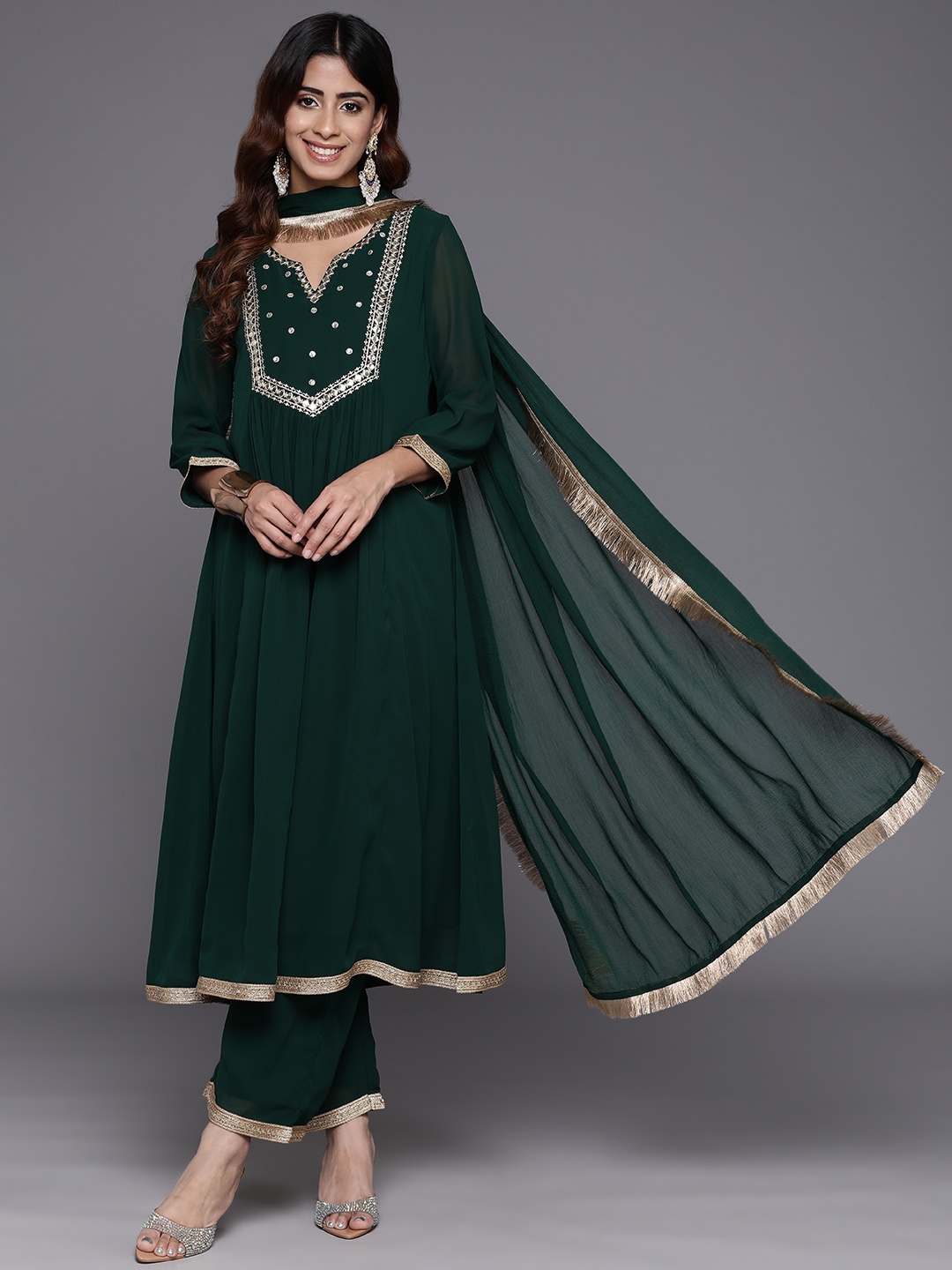 

Varanga Women Embroidered Empire Mirror Work Silk Georgette Kurta with Trousers & With Dupatta, Green