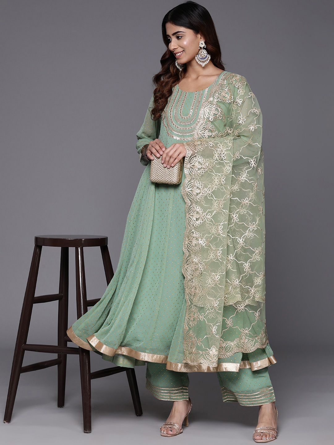 

Varanga Women Embroidered Empire Kurta with Palazzos & With Dupatta, Sea green