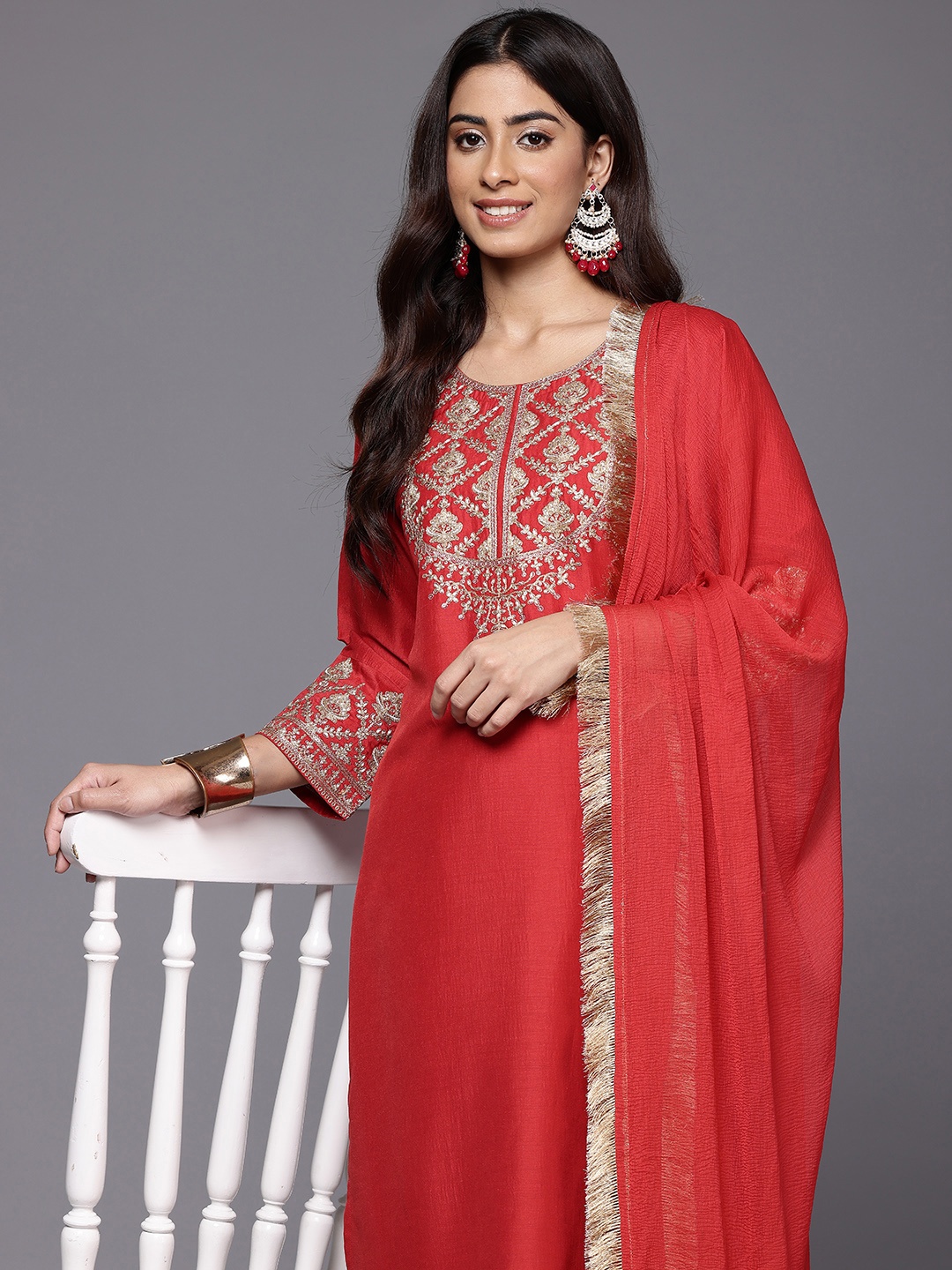 

Varanga Women Ethnic Motifs Embroidered Kurta with Palazzos & With Dupatta, Red