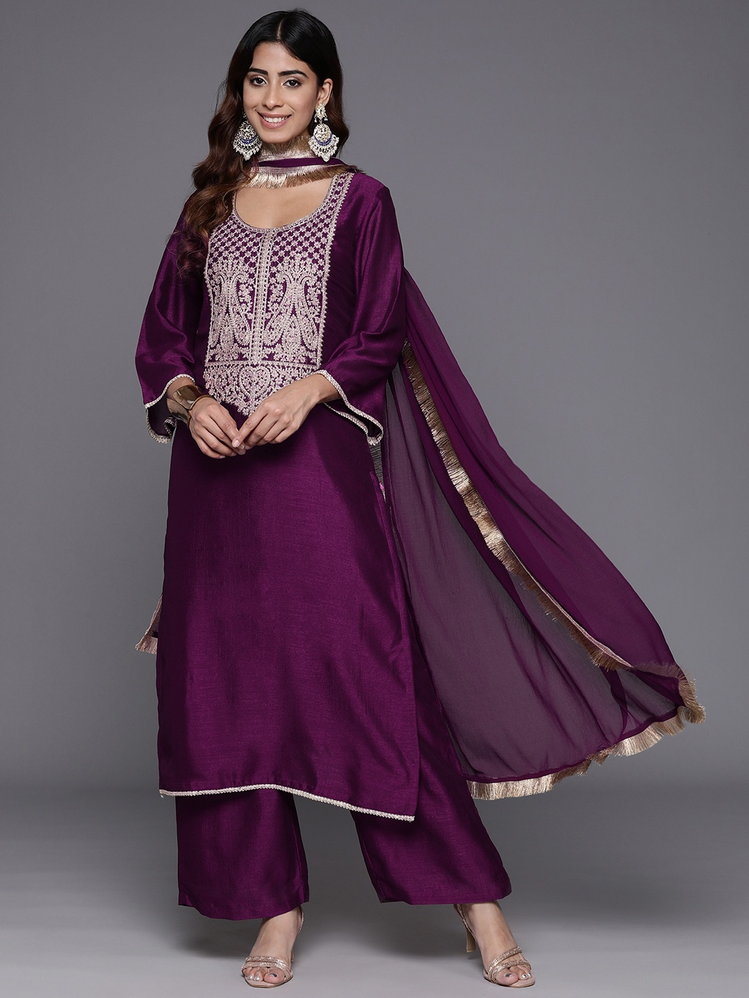 

Varanga Women Ethnic Motifs Embroidered Kurta with Palazzos & With Dupatta, Purple