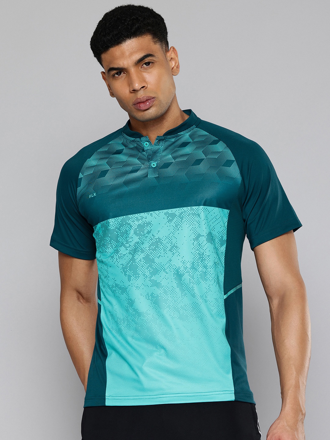 

FLX By Decathlon Men Turquoise Henley Neck Raglan Sleeves Breathable Cricket T-Shirt, Teal