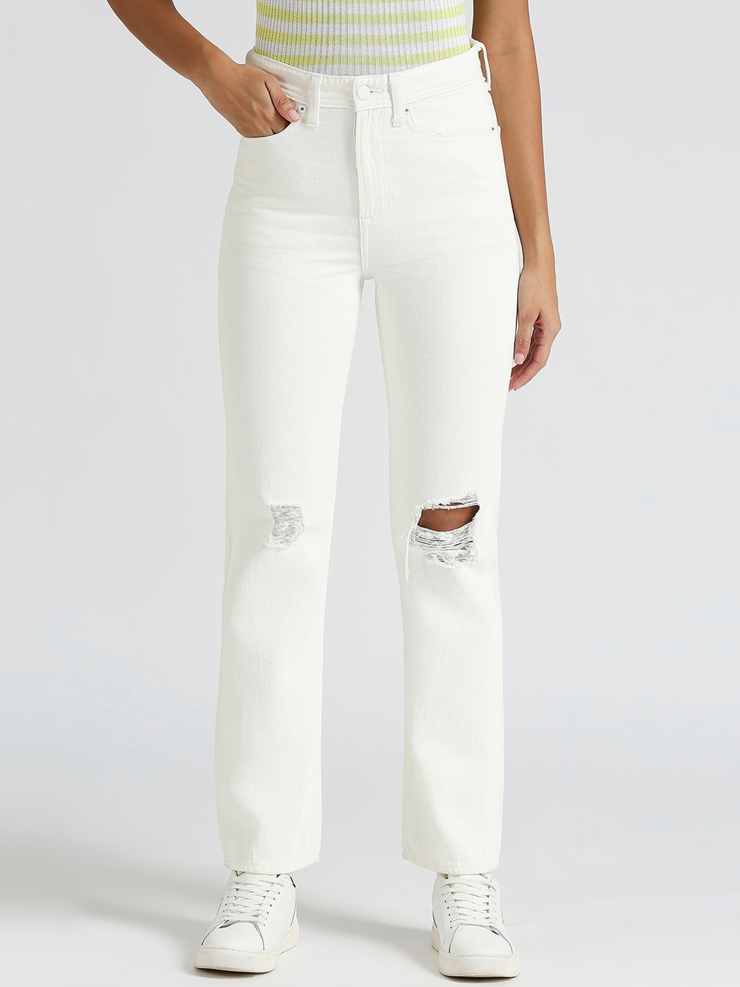 

Pepe Jeans Women Mary Straight Fit High-Rise Slash Knee Cotton Jeans, White