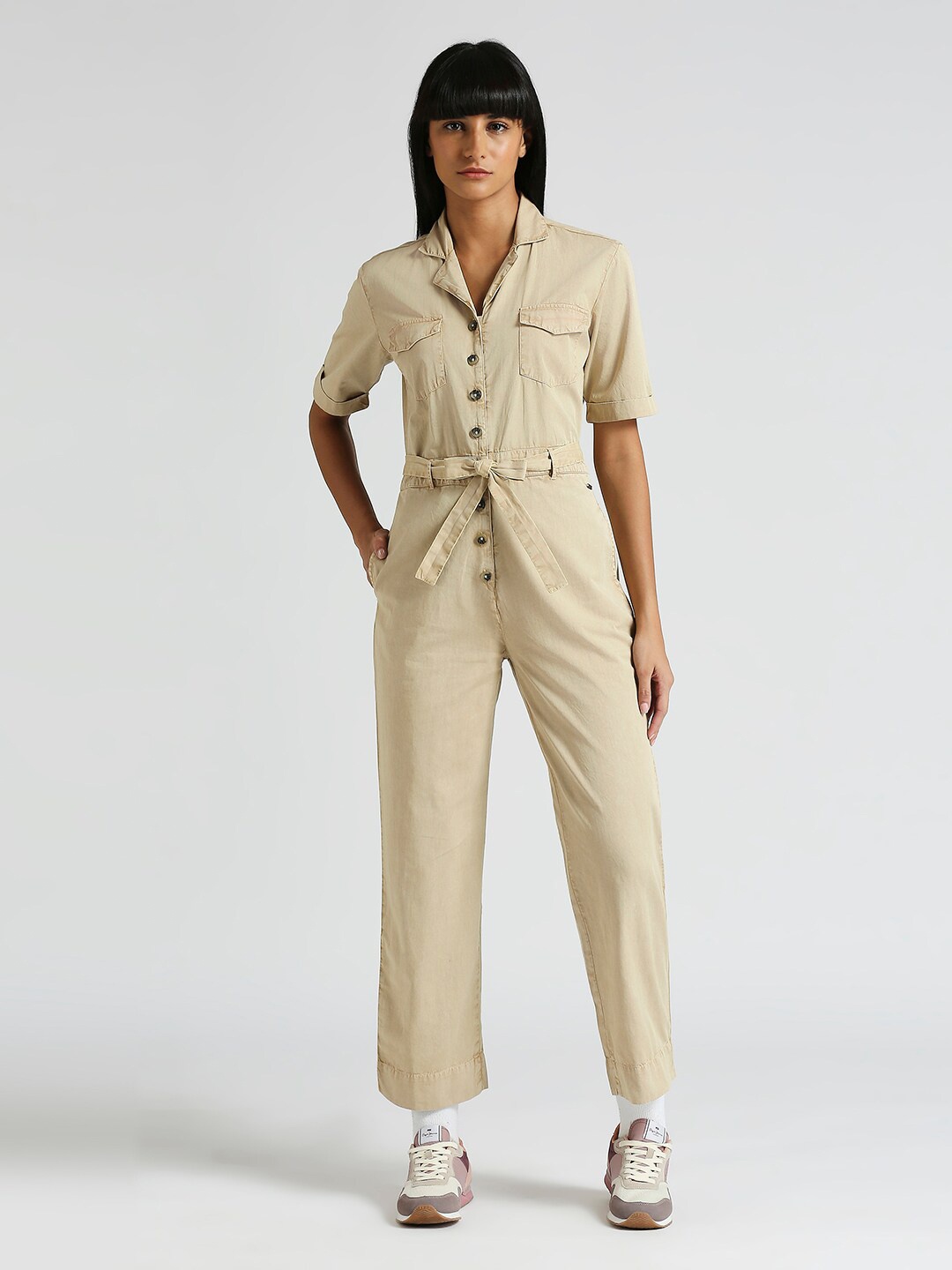 

Pepe Jeans Shirt Collar Pure Cotton Twill Basic Jumpsuit, Beige