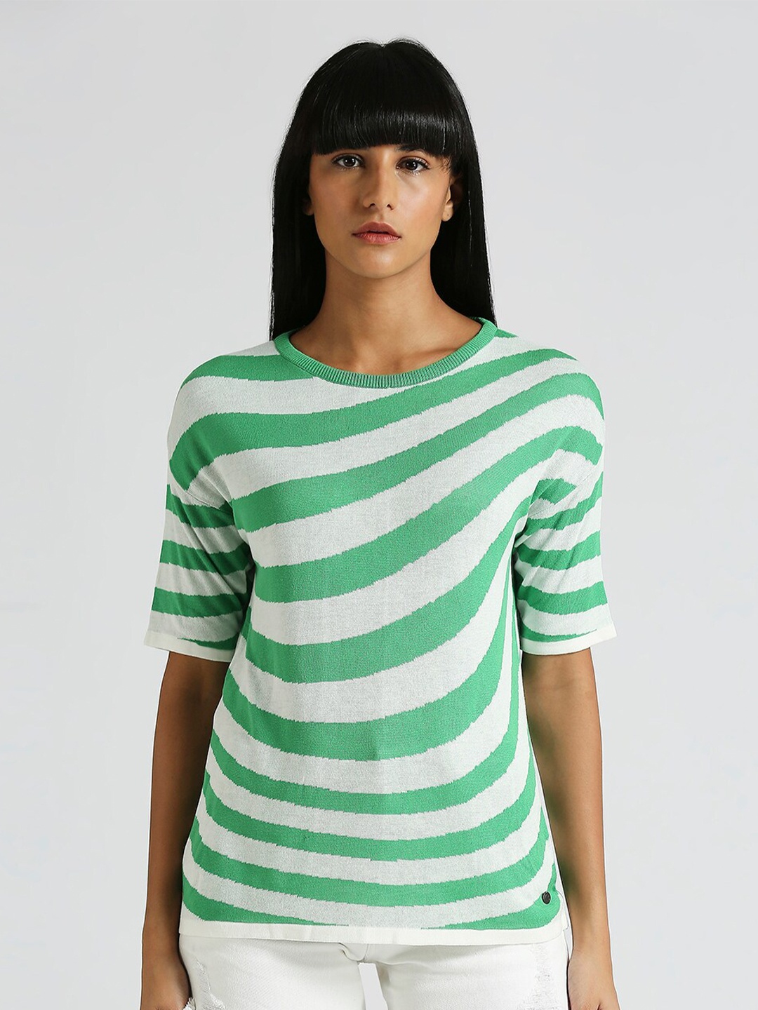 

Pepe Jeans Striped Round Neck Extended Sleeves Regular Top, Green