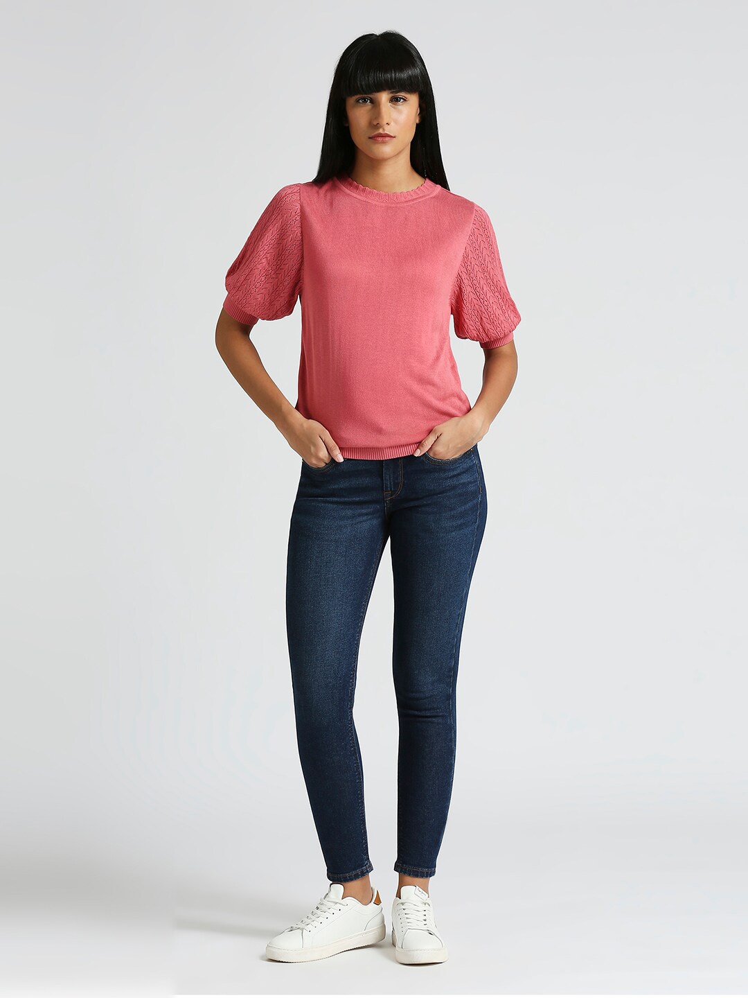 

Pepe Jeans Round Neck Puff Sleeves Regular Top, Pink