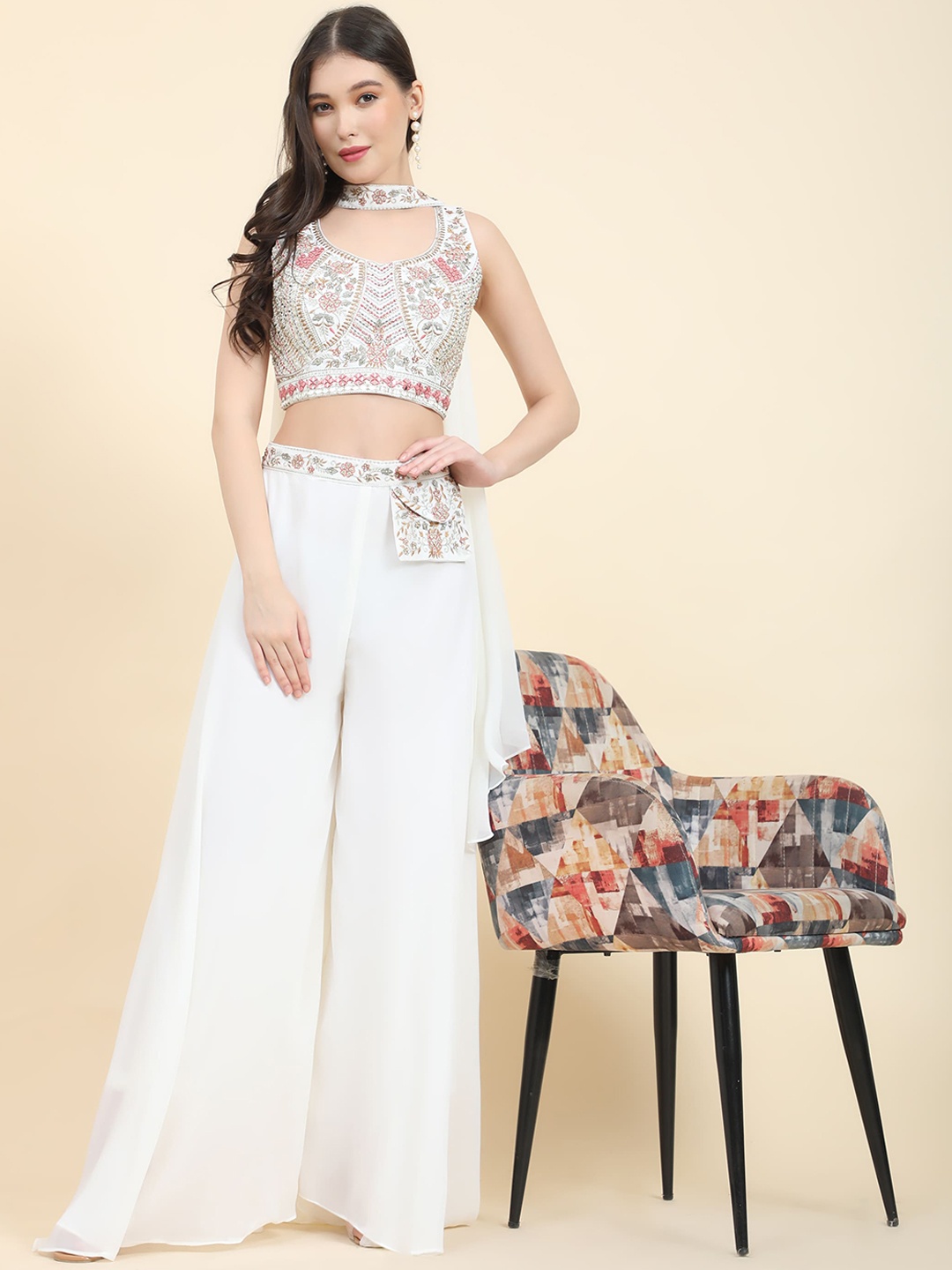 

AMOHA TRENDZ Embroidered Top Dupatta & Palazzos Ethnic Co-Ords, Off white