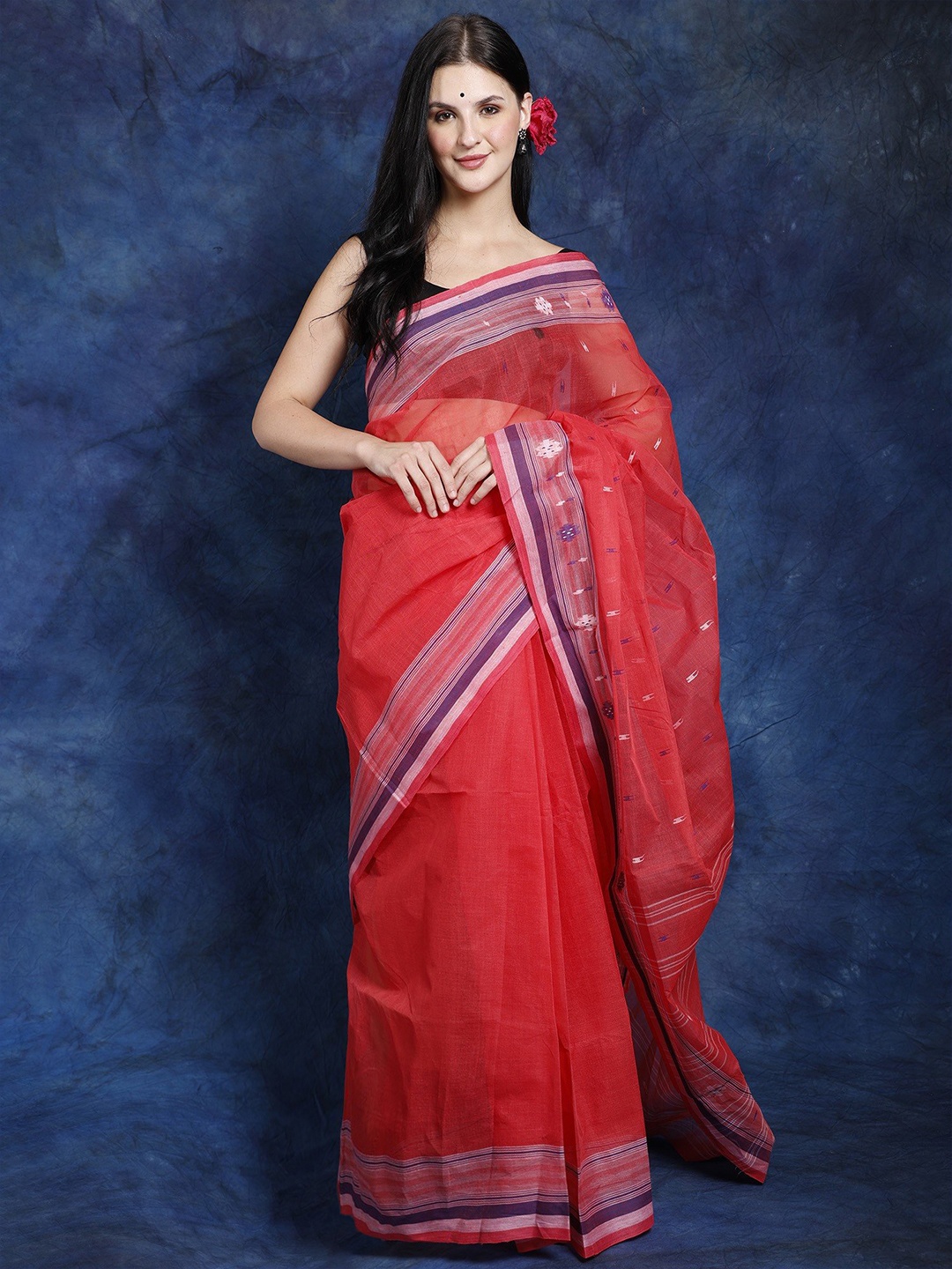 

Exotic India Woven Design Pure Cotton Jamdani Saree, Red