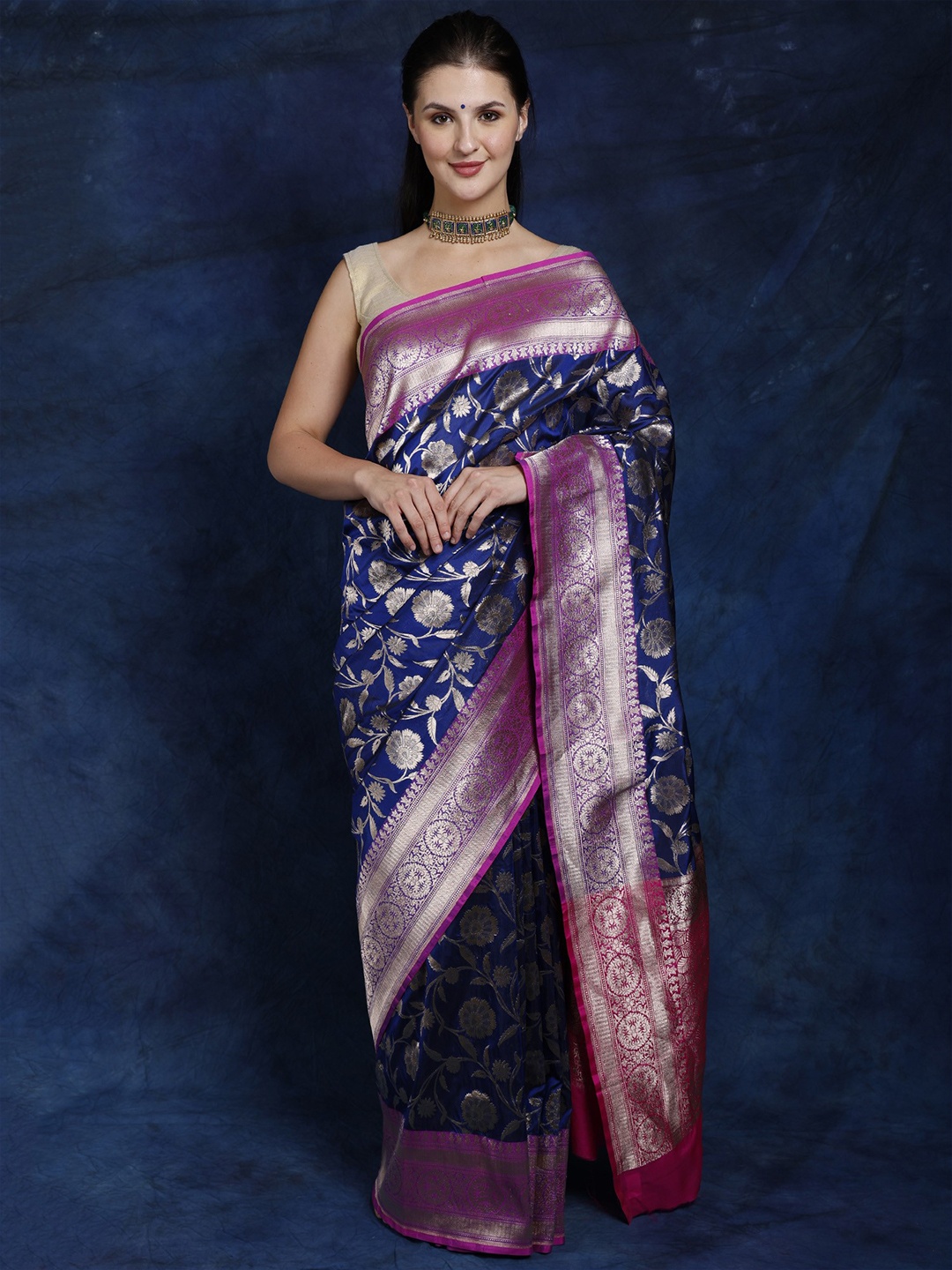 

Exotic India Woven Design Zari Pure Silk Banarasi Saree, Blue