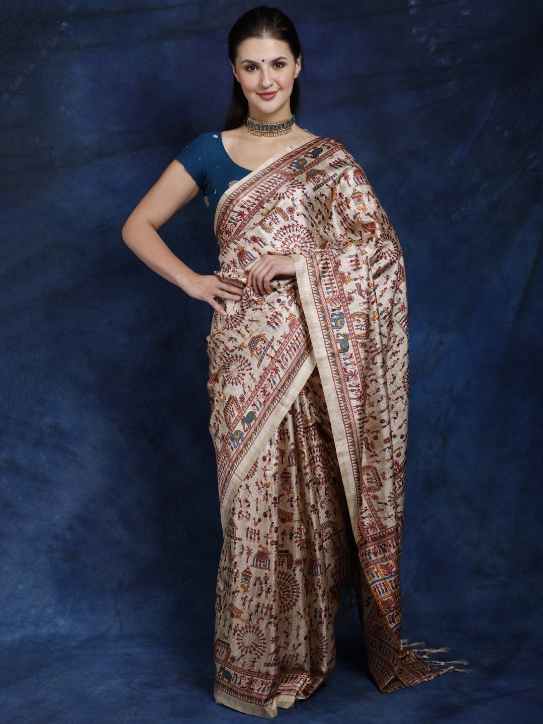 

Exotic India Ethnic Motifs Printed Saree, Beige