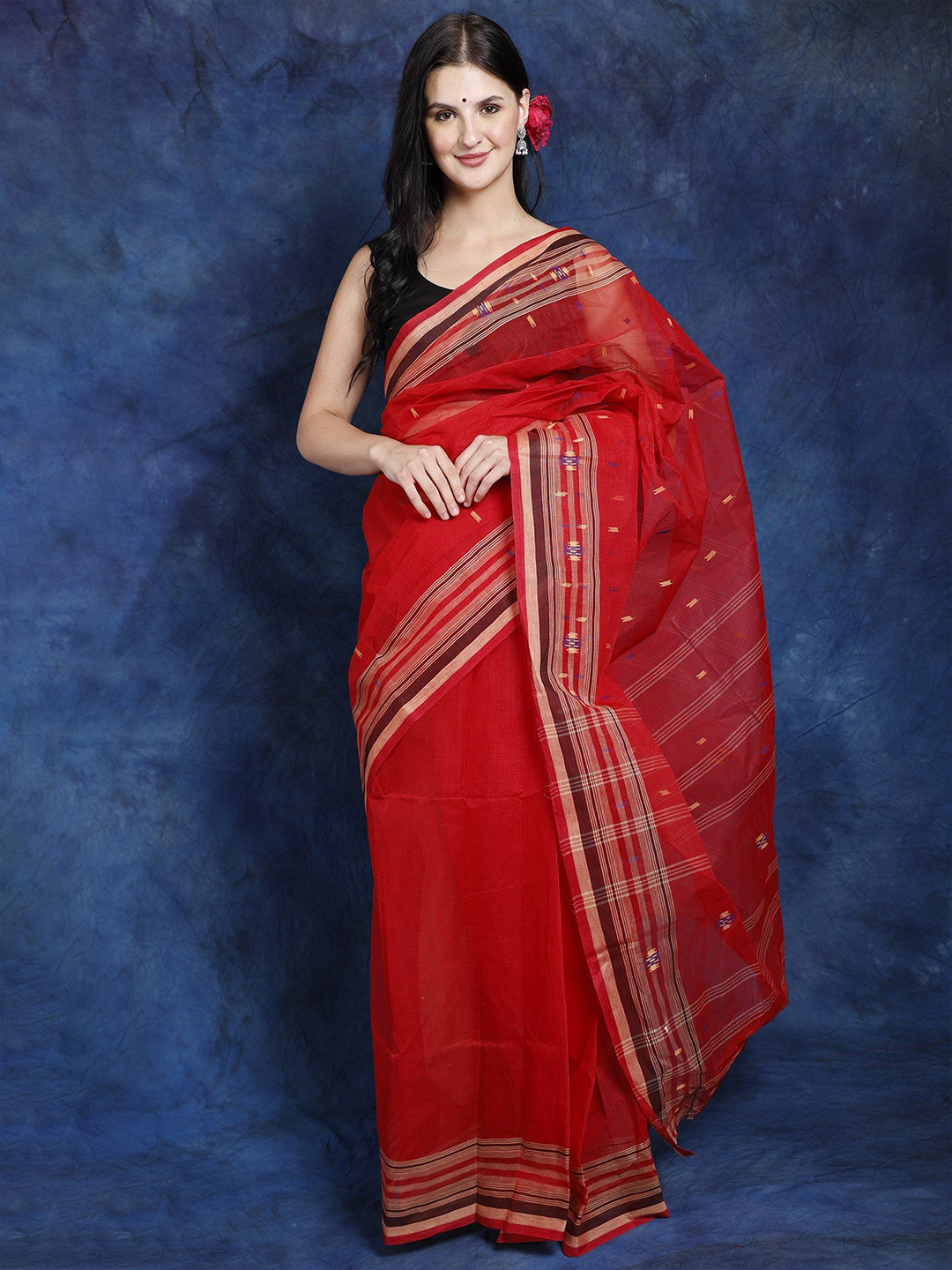 

Exotic India Woven Design Pure Cotton Jamdani Saree, Red