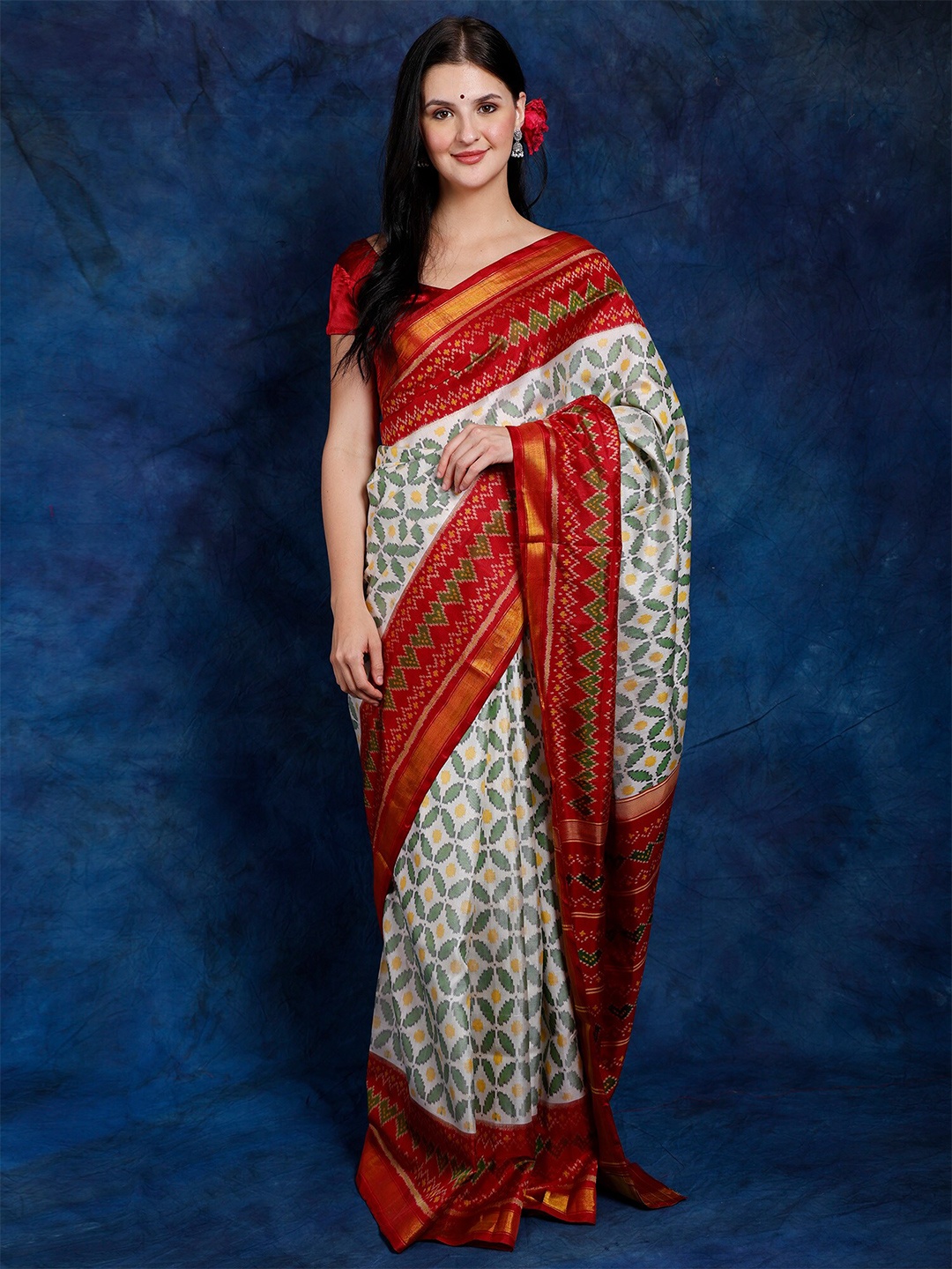 

Exotic India Woven Design Pure Silk Patola Zari Saree, White