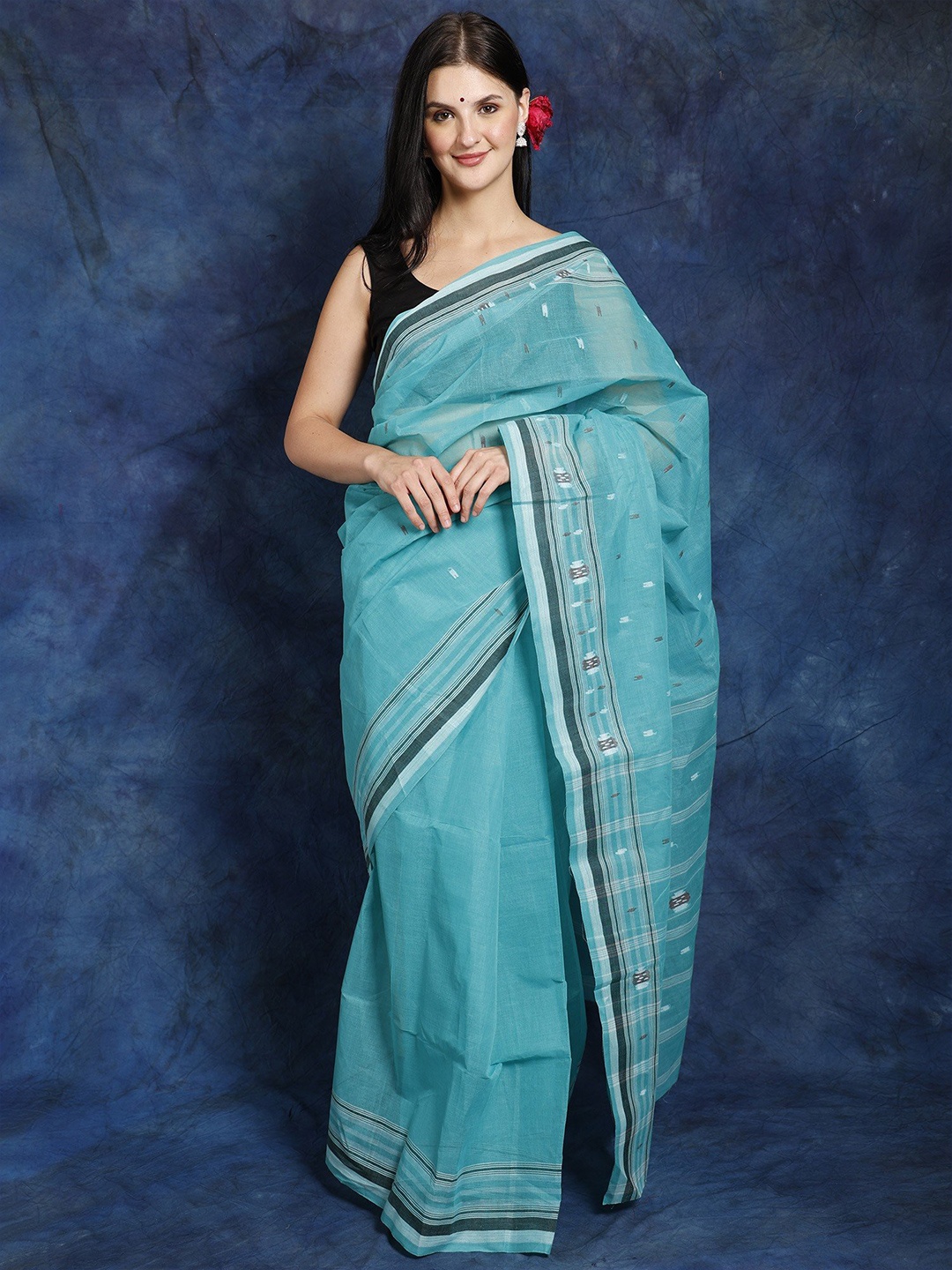 

Exotic India Woven Design Pure Cotton Jamdani Saree, Blue