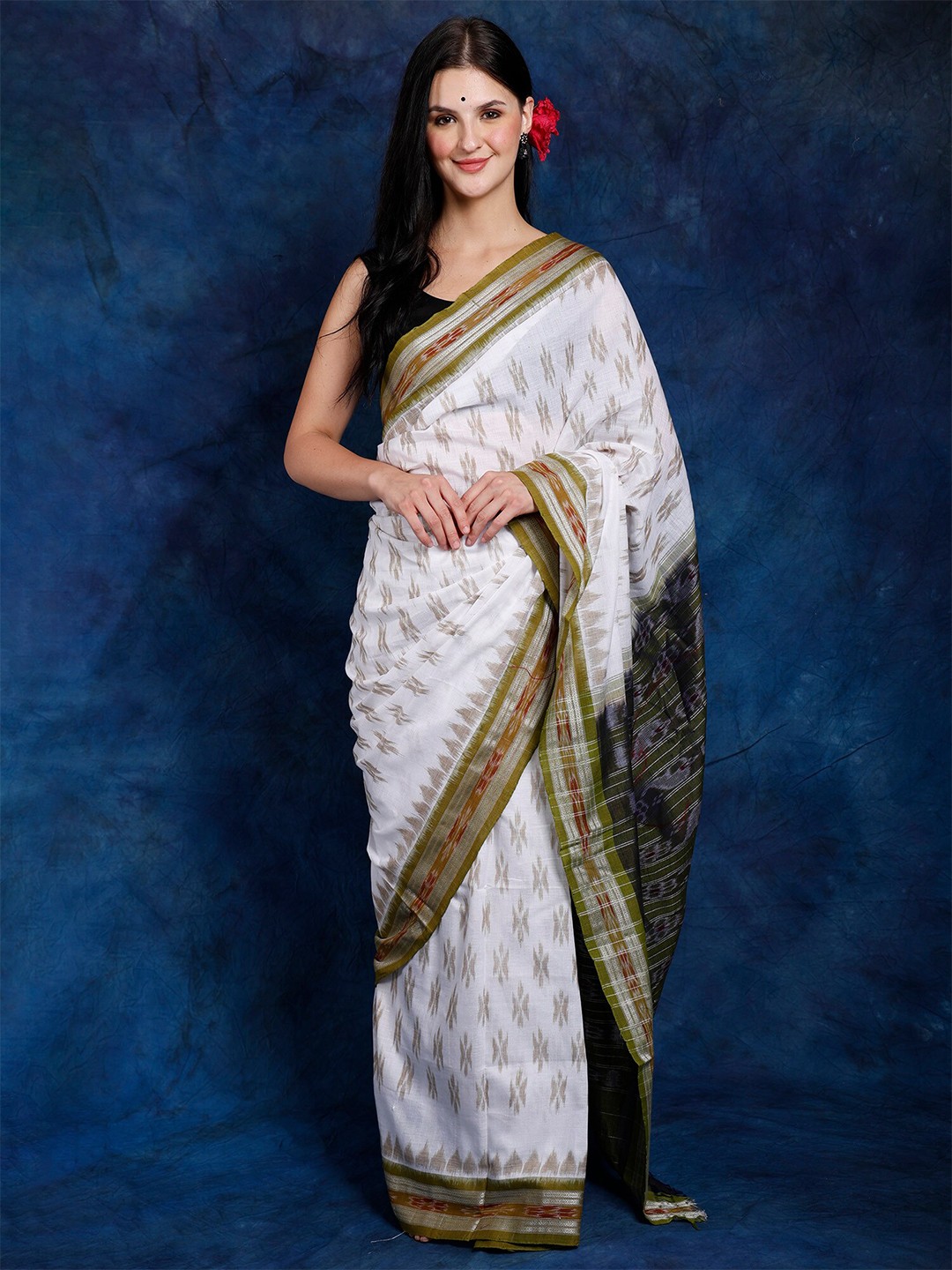 

Exotic India Floral Pure Cotton Ikat Saree, White