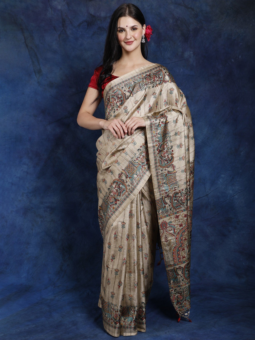 

Exotic India Ethnic Motifs Printed Saree, Beige