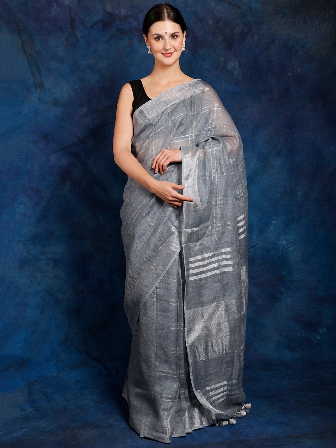 

Exotic India Woven Design Zari Pure Cotton Saree, Grey