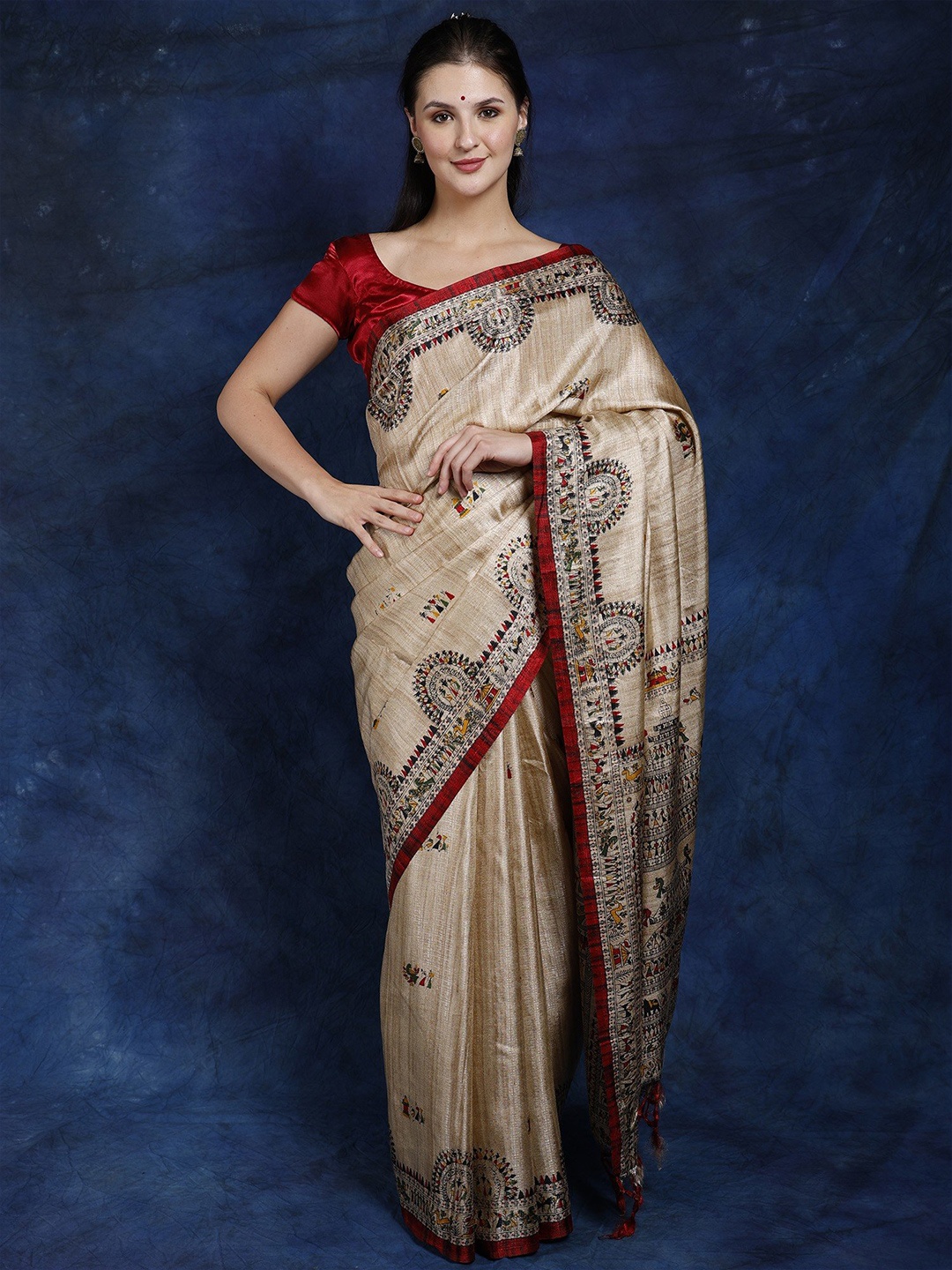 

Exotic India Warli Printed Saree, Beige