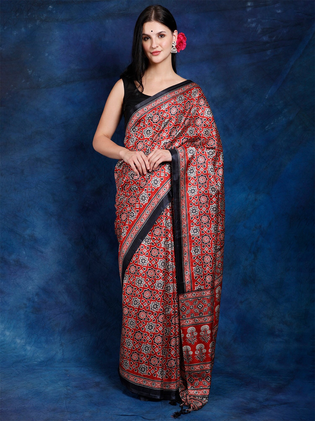 

Exotic India Ajrak Printed Saree, Red