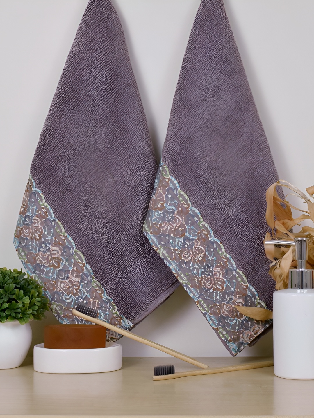 RANGOLI 2 Pcs 550 GSM Pure Cotton Hand Towels, Charcoal