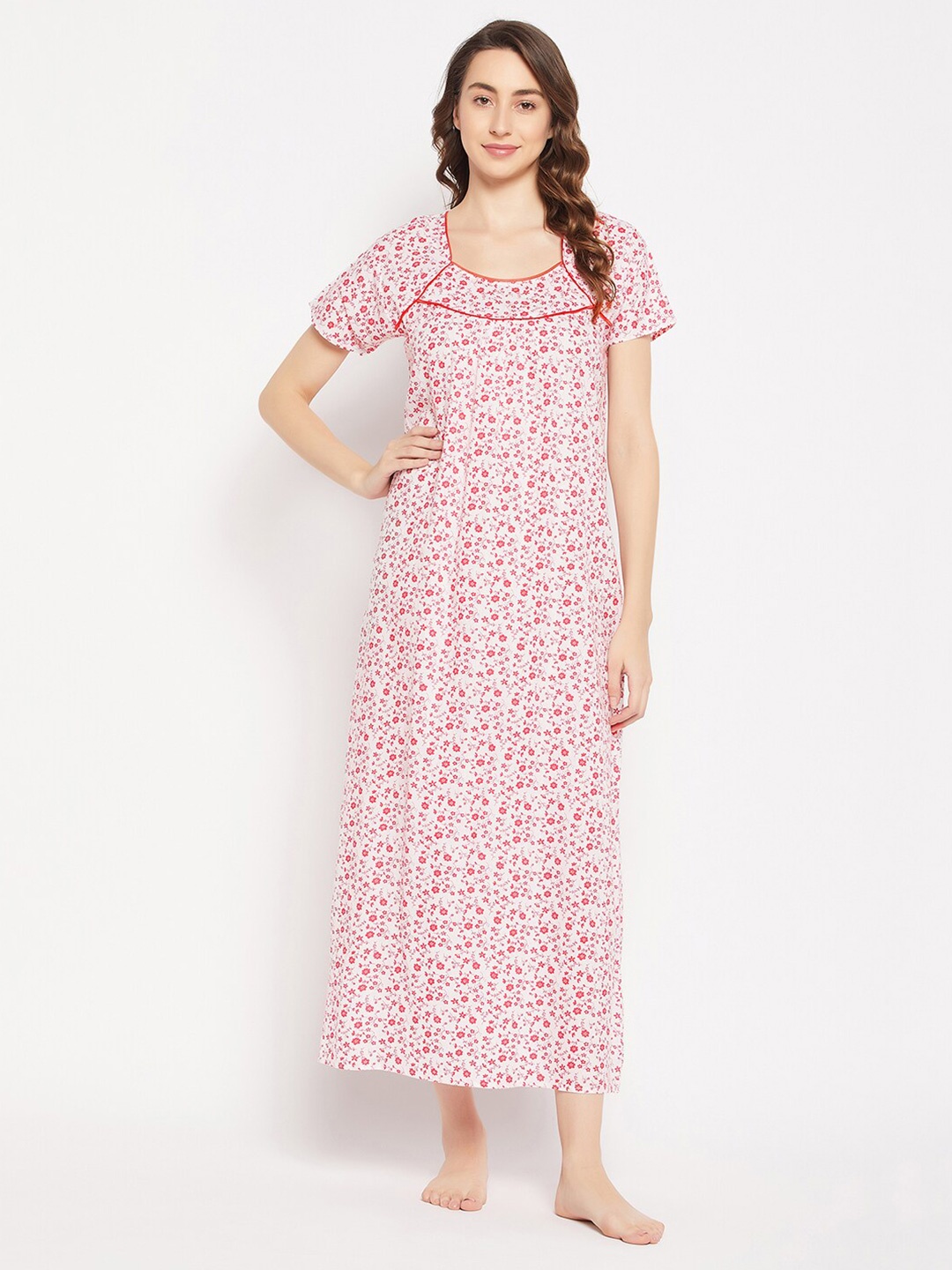 

Clovia Floral Printed Pure Cotton Maxi Nightdress, White