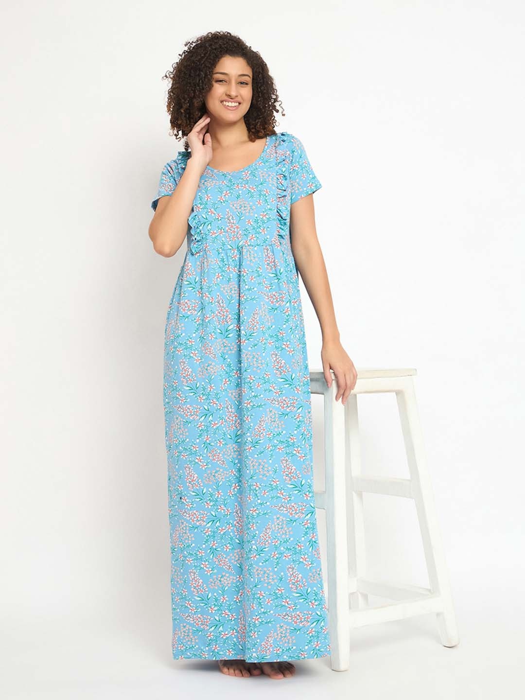 

Clovia Floral Printed Maxi Nightdress, Blue