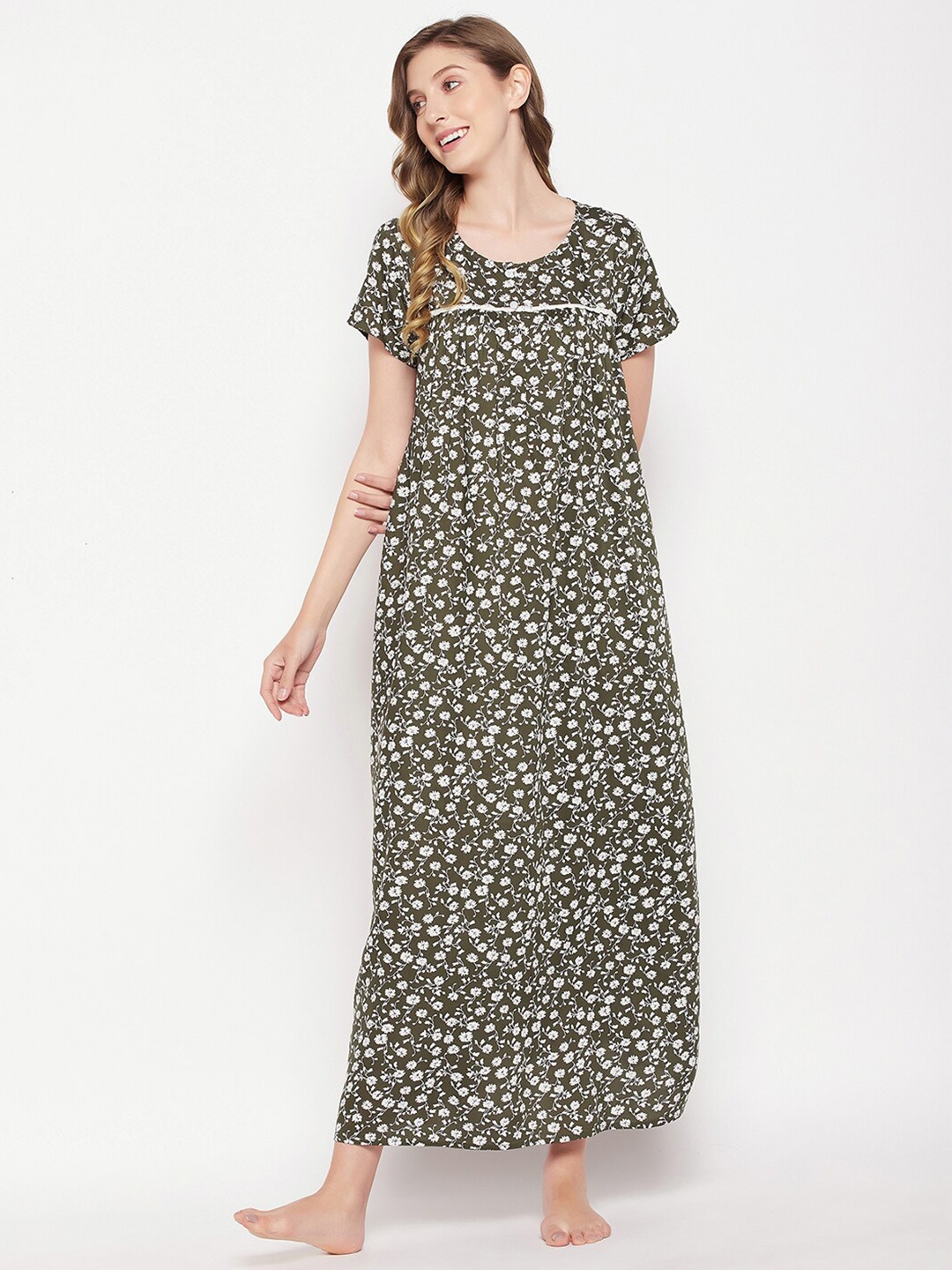 

Clovia Floral Printed Maxi Nightdress, Olive