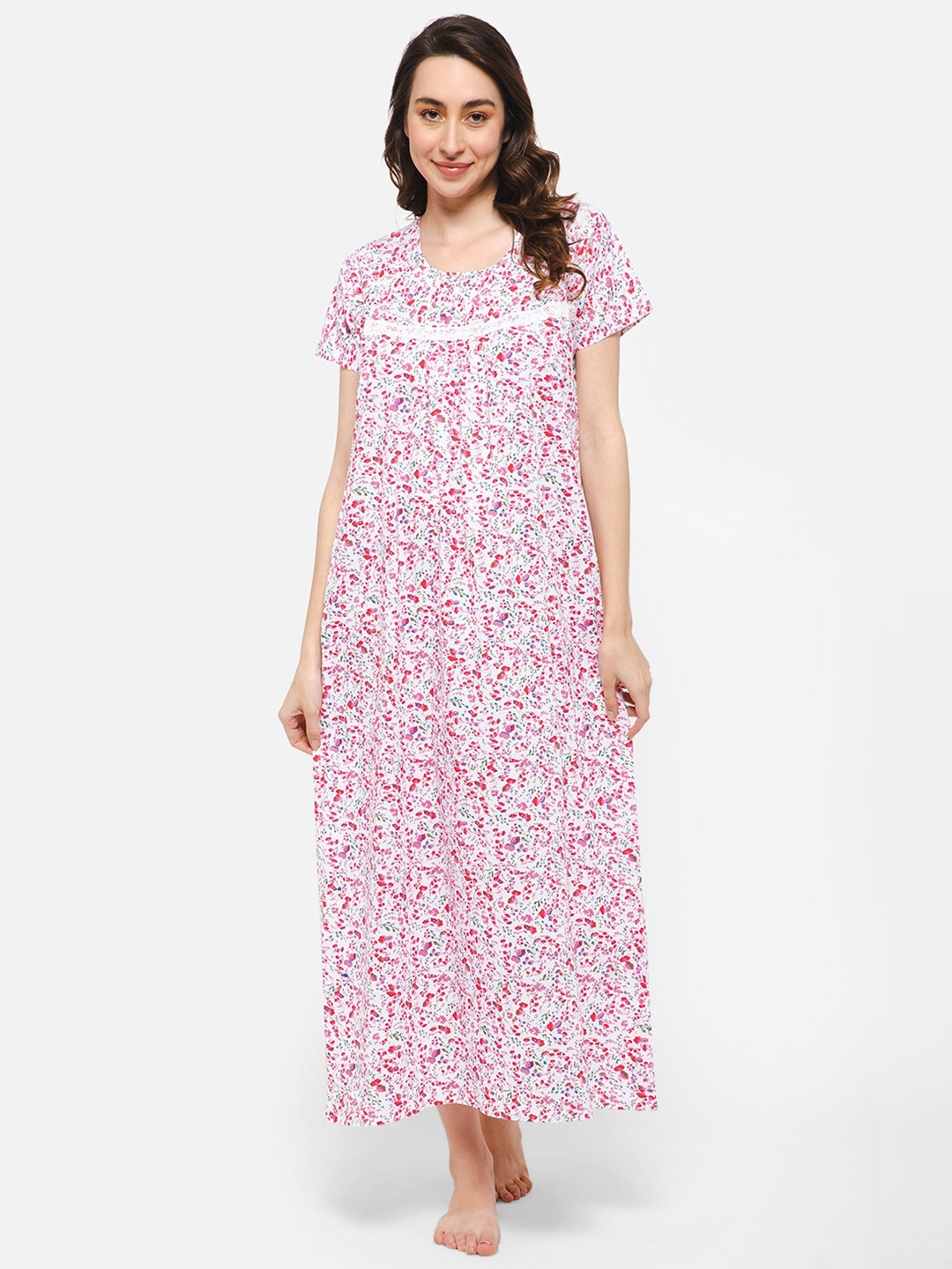 

Clovia Floral Printed Pure Cotton Maxi Nightdress, White