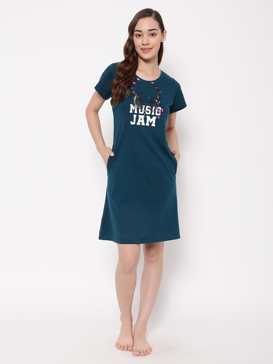 

Clovia Printed Cotton T-shirt Nightdress, Teal
