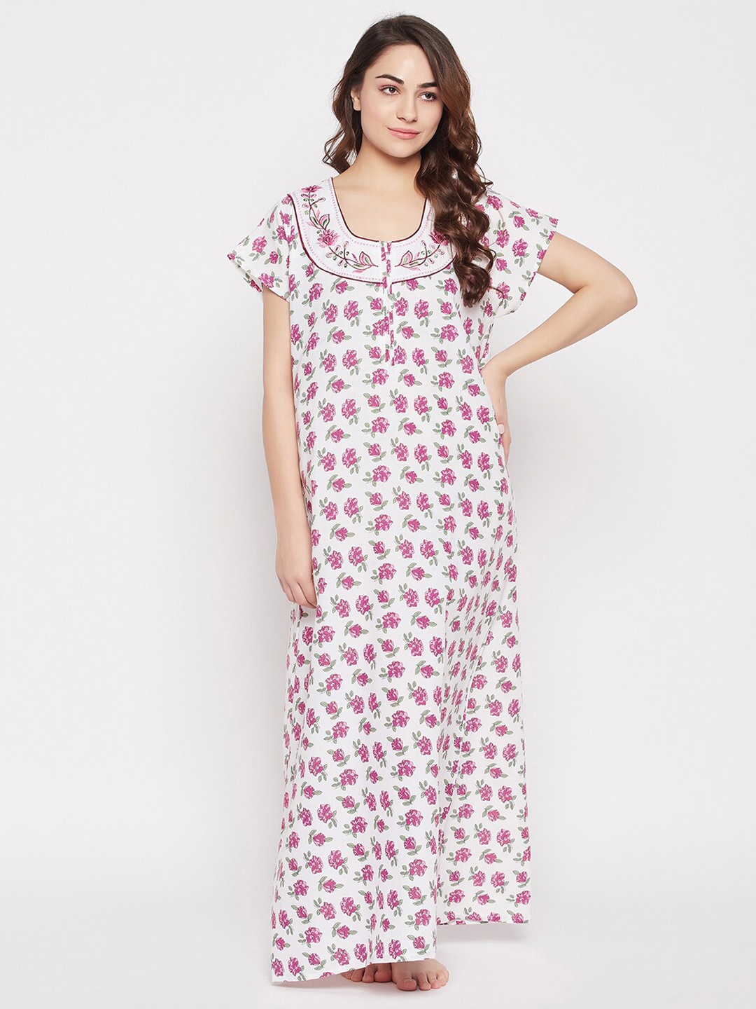 

Clovia Printed Cotton Maxi Nightdress, White