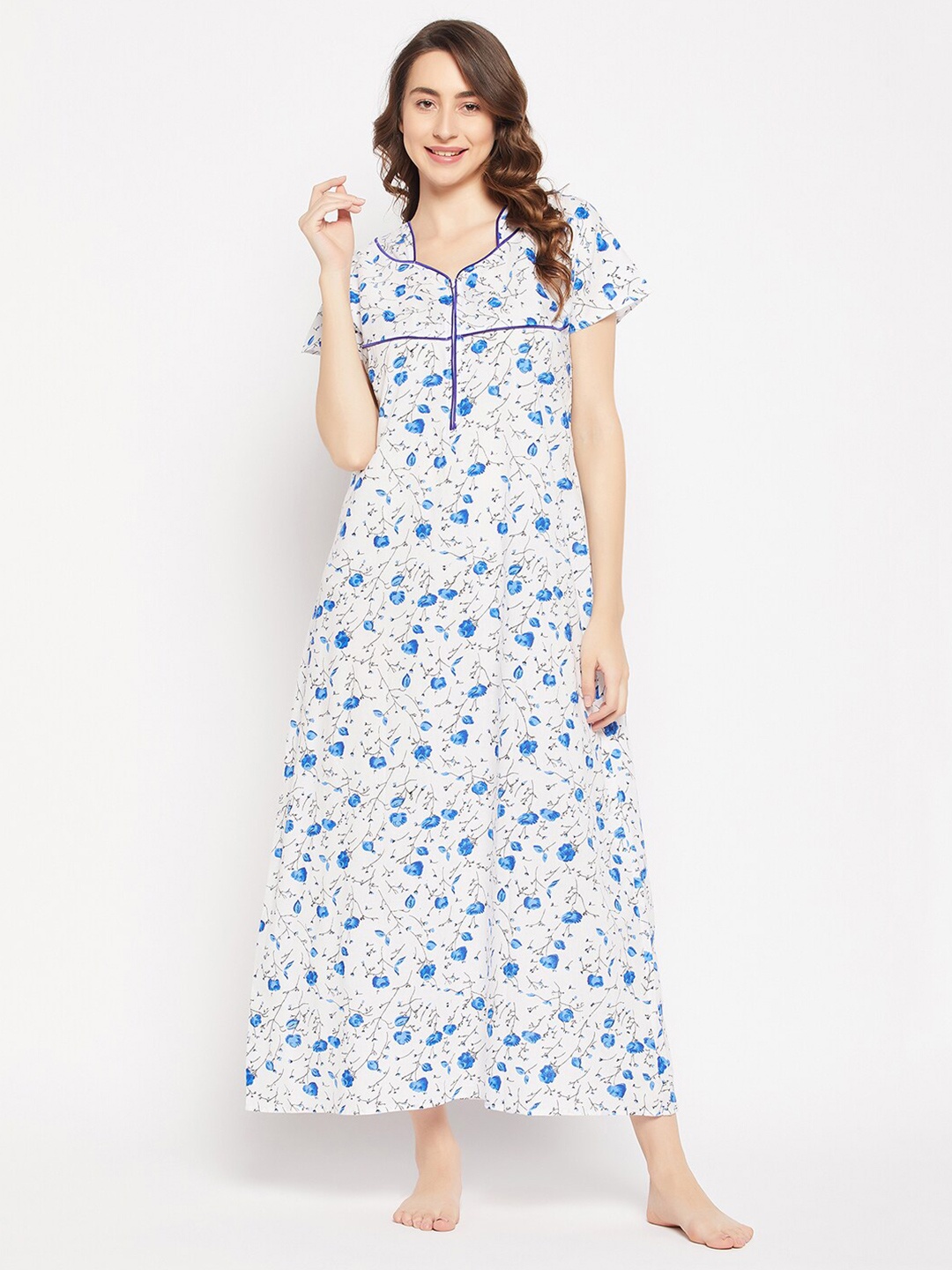 

Clovia Floral Printed Pure Cotton Maxi Nightdress, White
