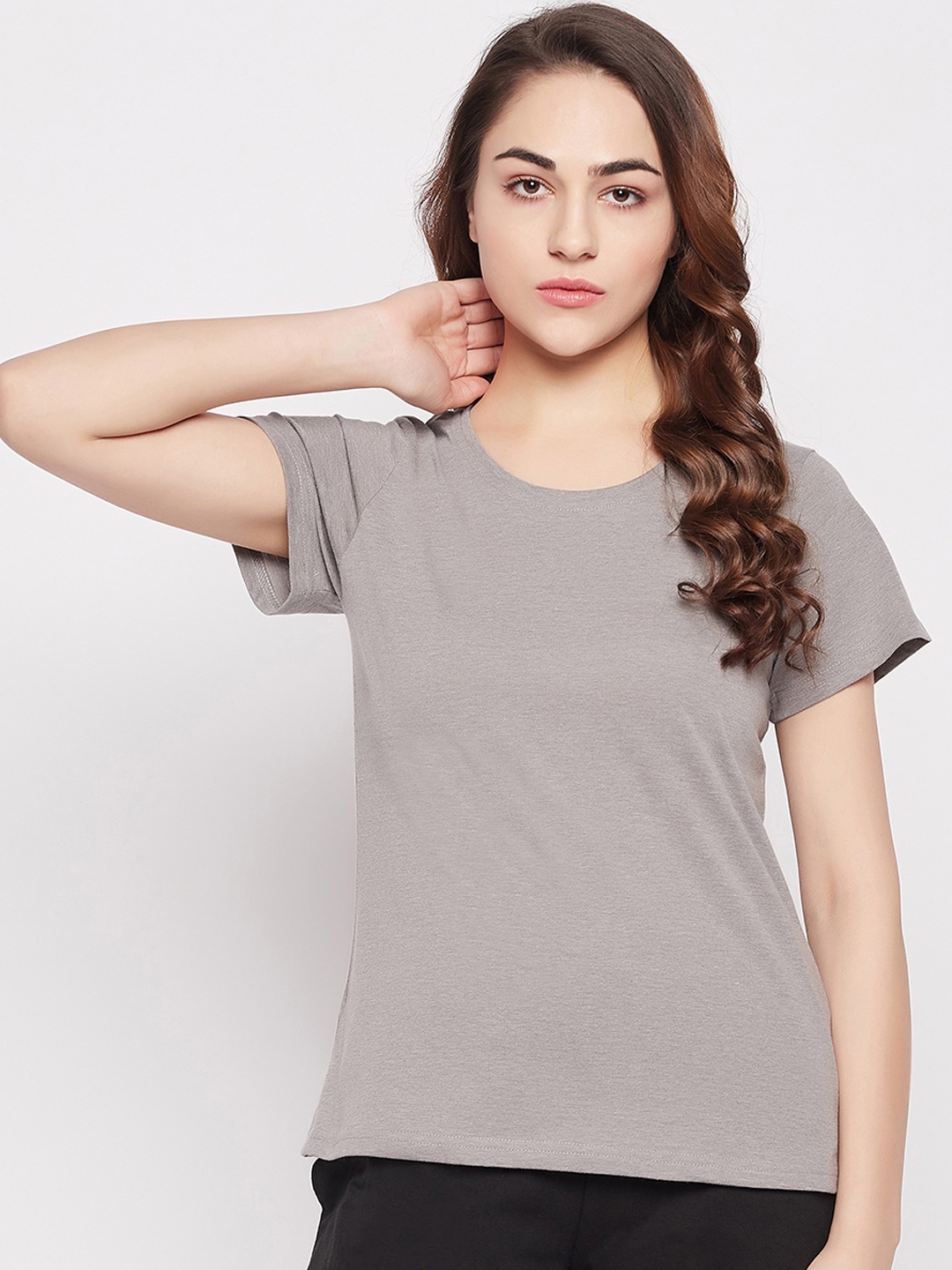 

Clovia Women Short Sleeves Regular Cotton Lounge Tshirt, Grey