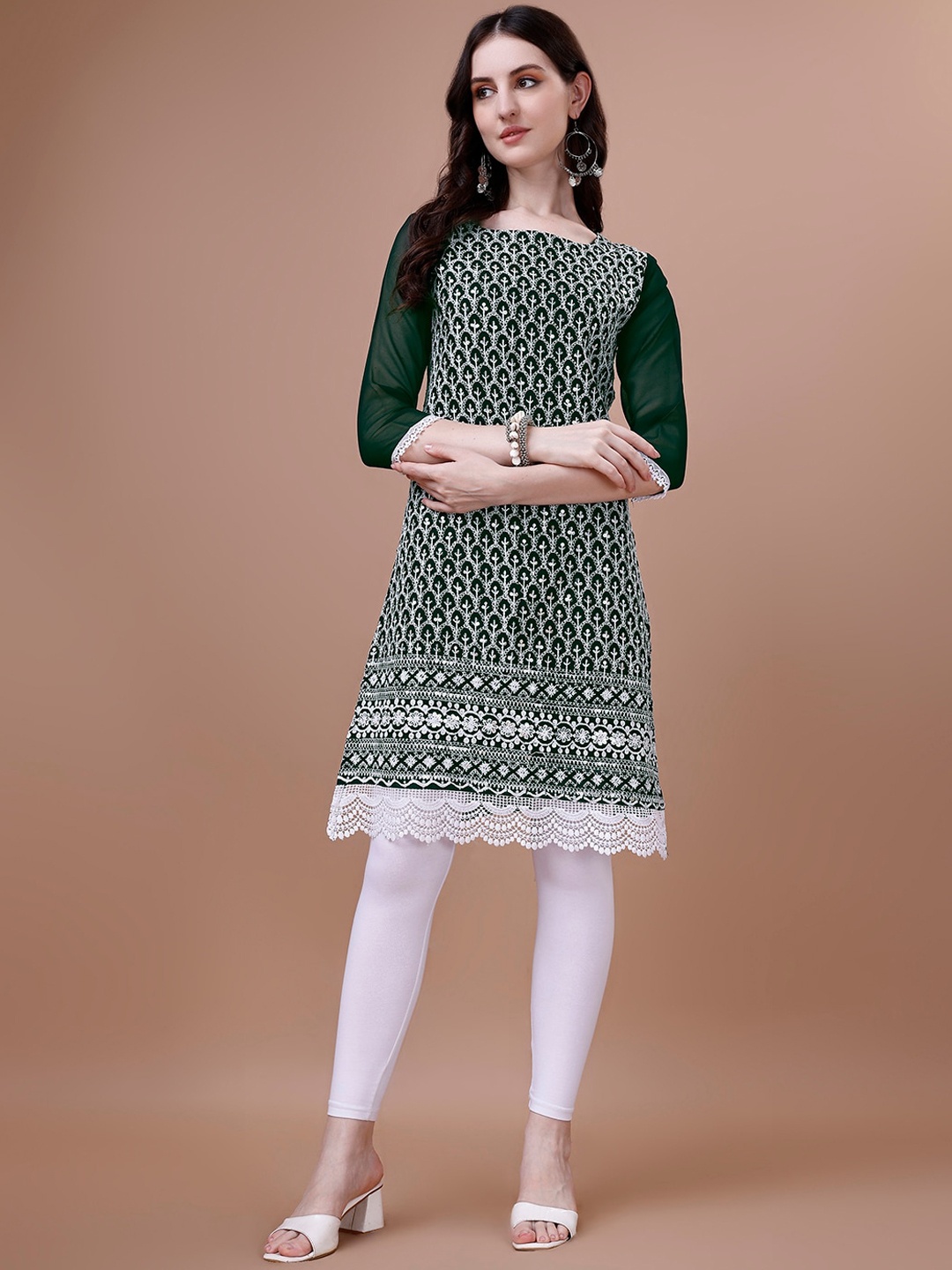 

KALINI Geometric Printed Thread Work Georgette A-Line Kurta, Green