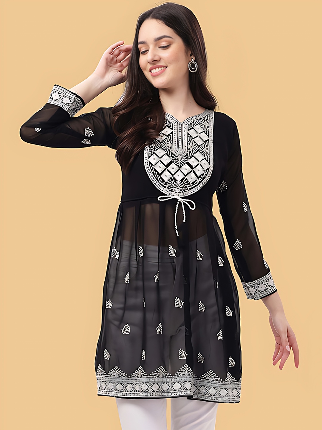 

KALINI Paisley Embroidered V-Neck Sequinned Georgette A-Line Kurta, Black