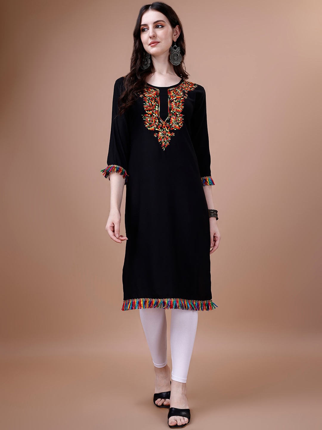 

KALINI Geometric Yoke Design Round Neck Mirror Work Straight Kurta, Black
