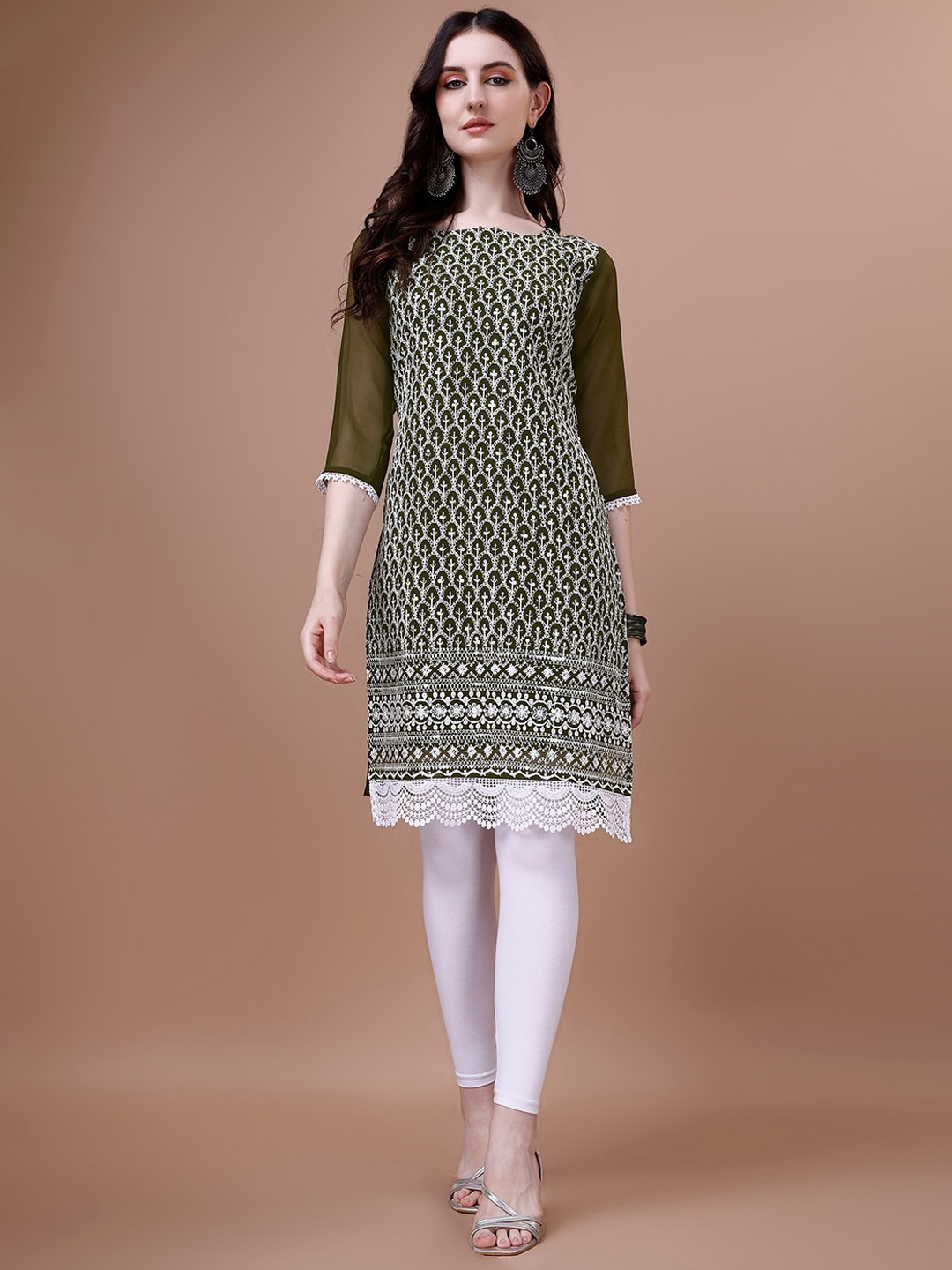 

KALINI Geometric Printed Boat Neck Thread Work Georgette Kurta, Lime green