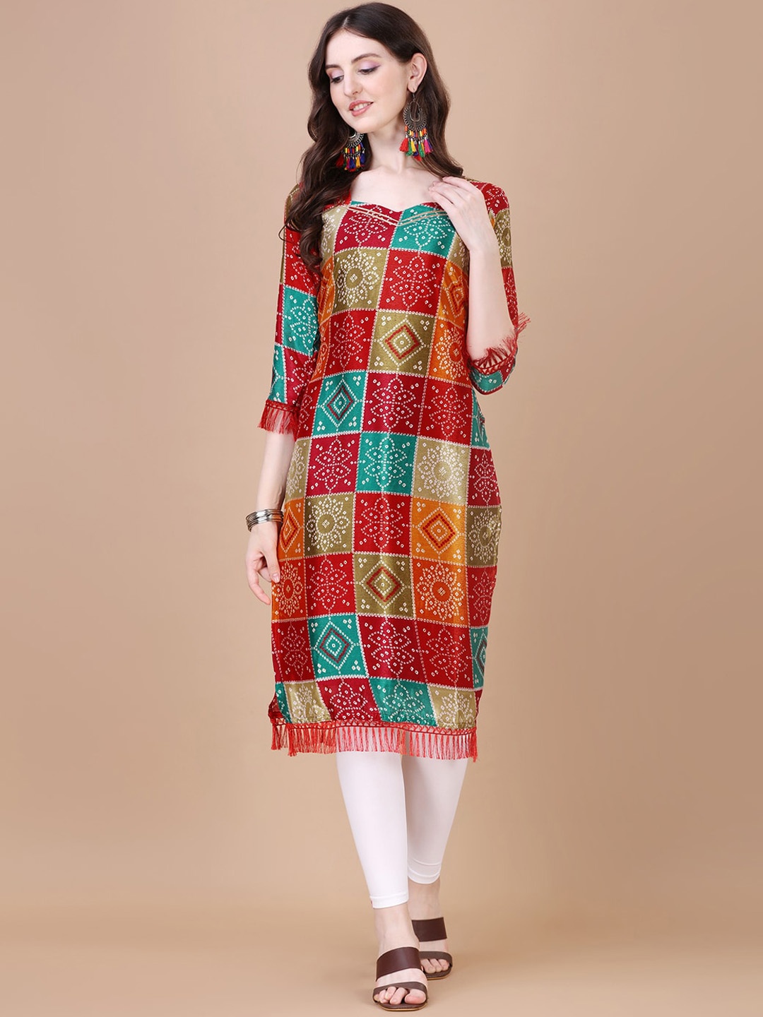 

KALINI Geometric Printed Sweetheart Neck Flared Sleeves Sequinned Kurta, Red