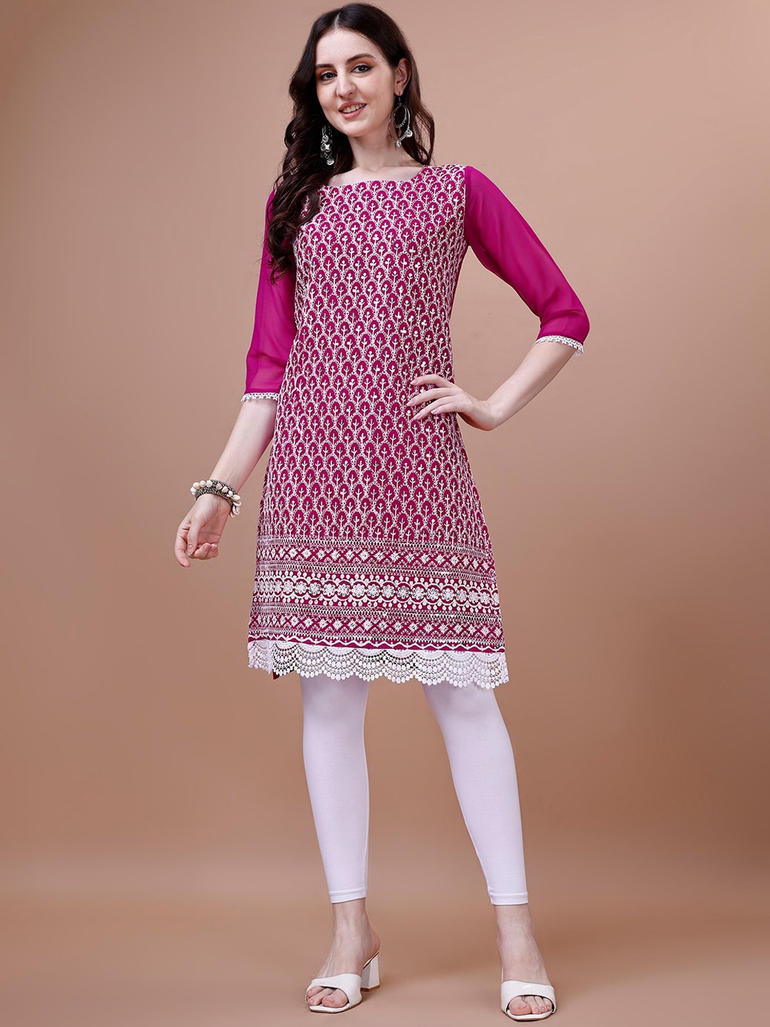 

KALINI Ethnic Motifs Embroidered Thread Work Georgette Straight Kurta, Pink