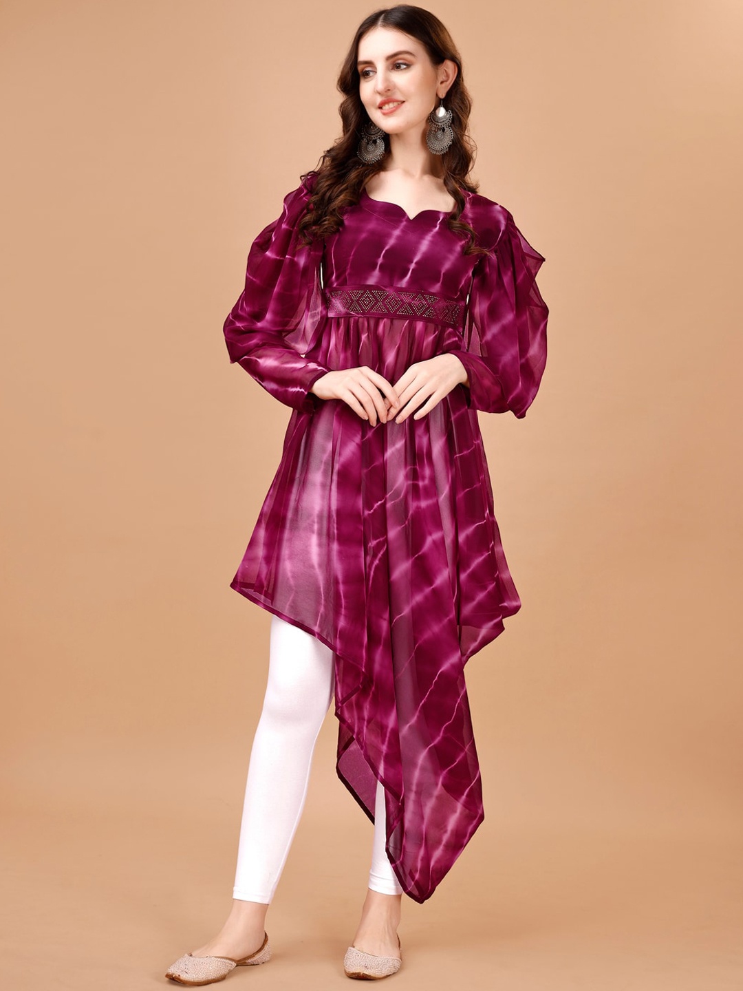 

KALINI Abstract Dyed Notched Neck Flared Sleeves Sequinned Georgette Kurta, Purple