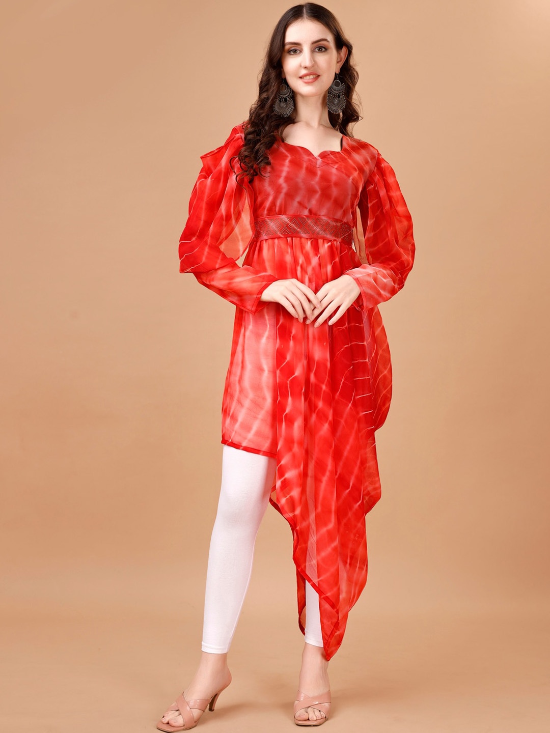

KALINI Dyed Puff Sleeves Georgette A-Line Kurta, Red