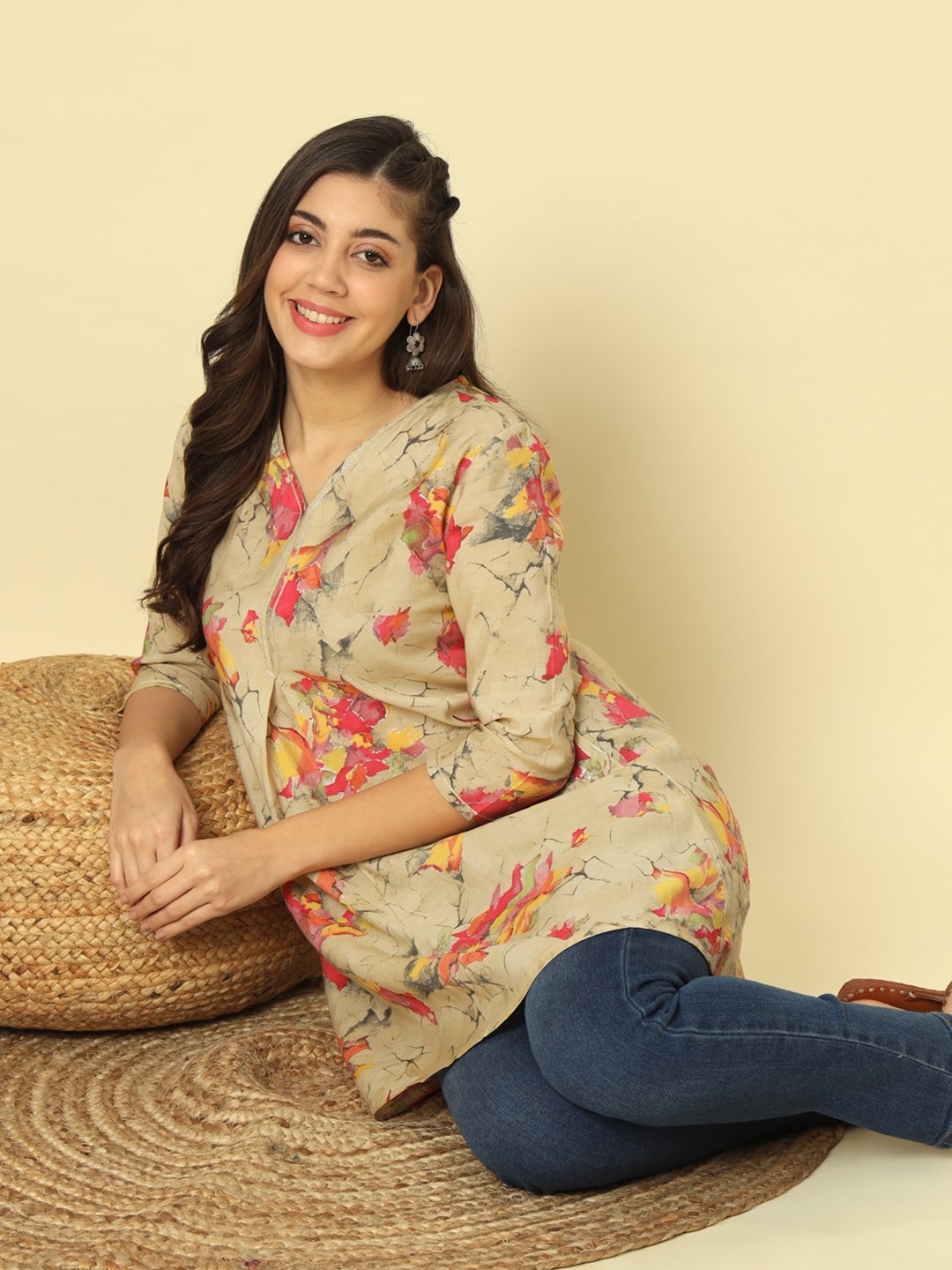 

Meeranshi Floral Print V-Neck Pure Silk Top, Beige