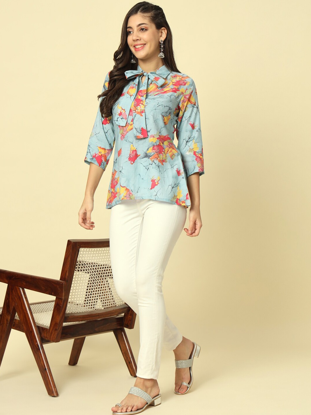 

Meeranshi Floral Print Tie-Up Neck Pure Silk Shirt Style Top, Blue