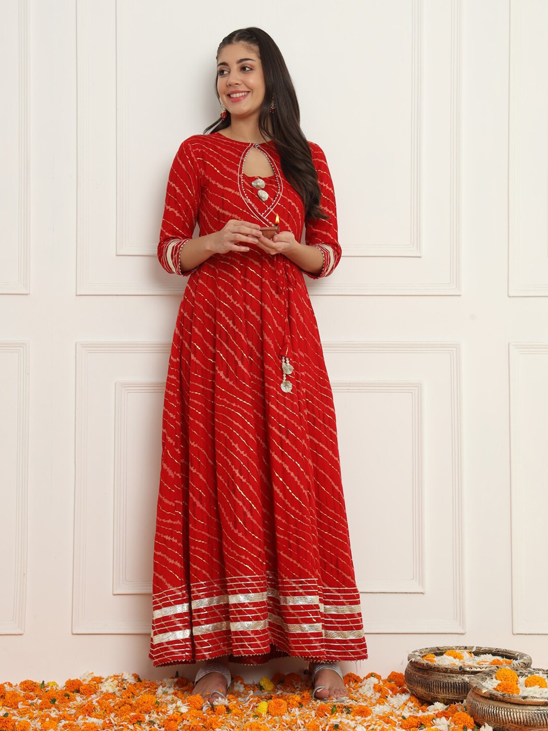 

Meeranshi Keyhole Neck Lehariya Print Gotta Patti Maxi Dress, Red